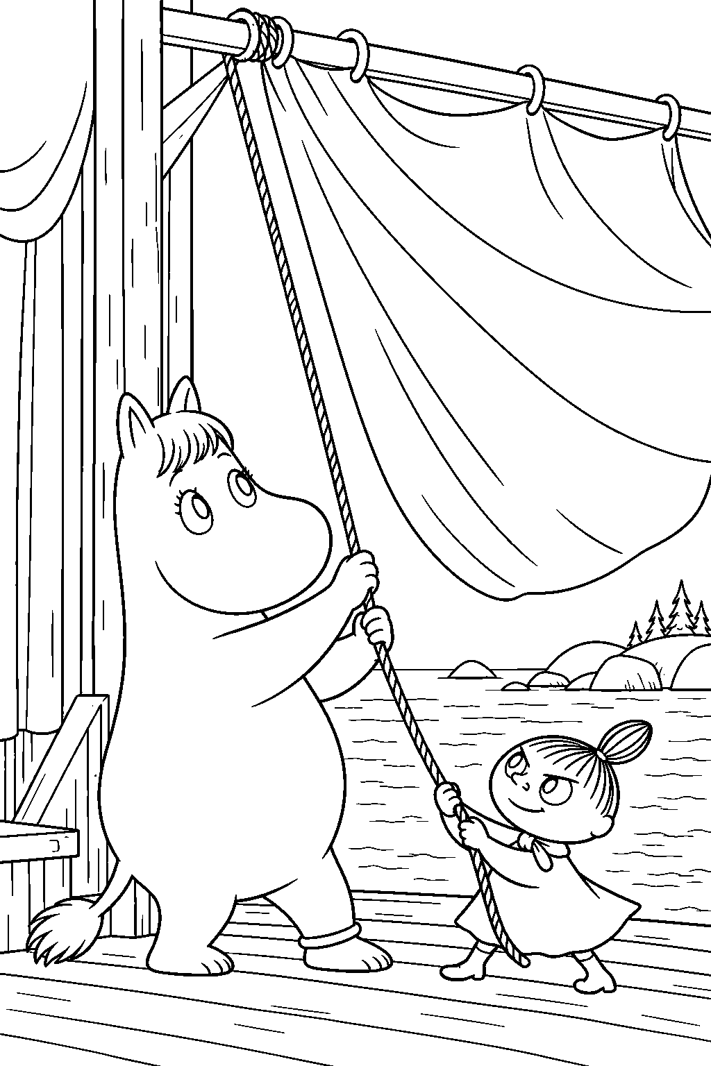 snorkmaiden hoisting a theatre curtain with little my to use it as a sail line art