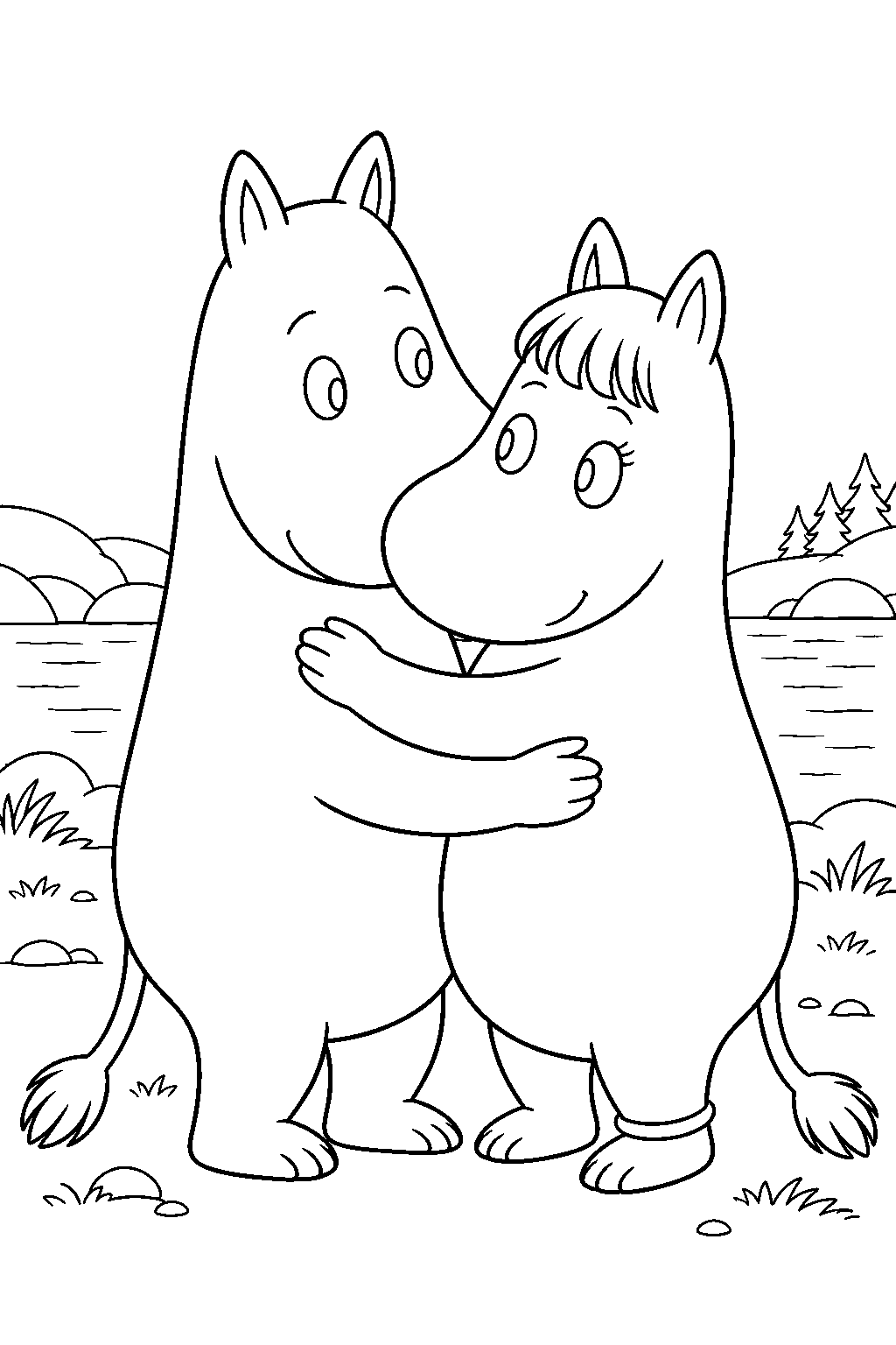 snorkmaiden hugging moomintroll after their diary quarrel line art
