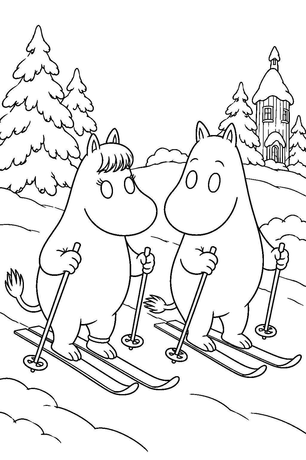snorkmaiden learning to ski beside moomintroll in snowy moominvalley line art