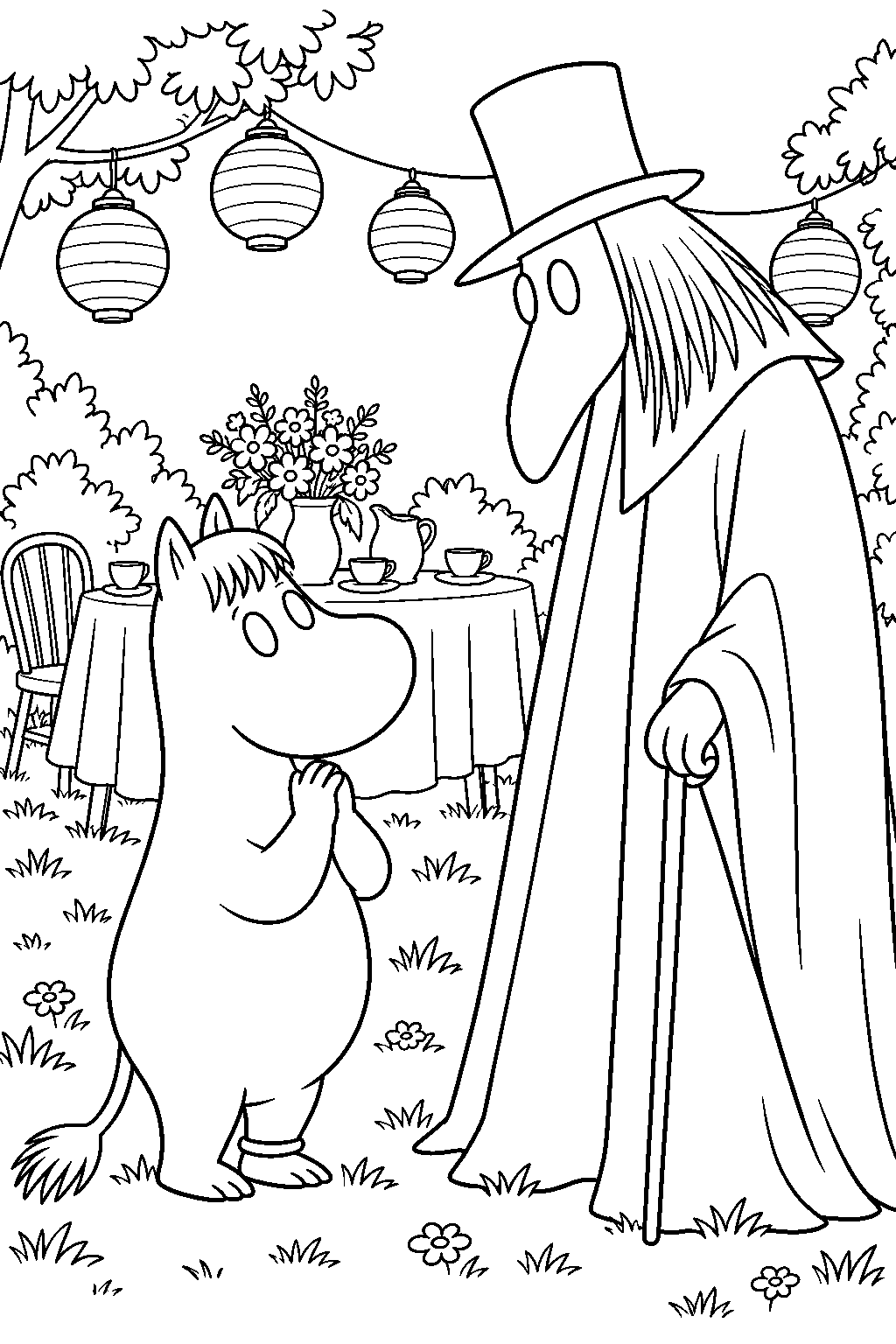 snorkmaiden making a wish before the hobgoblin at the garden party line art