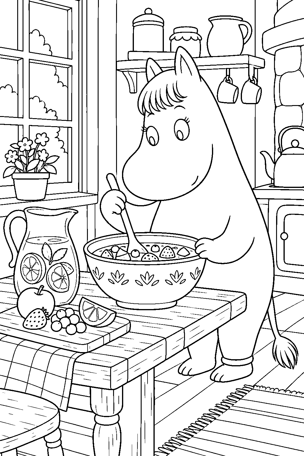 snorkmaiden making fruit soup with lemonade in moominhouse line art