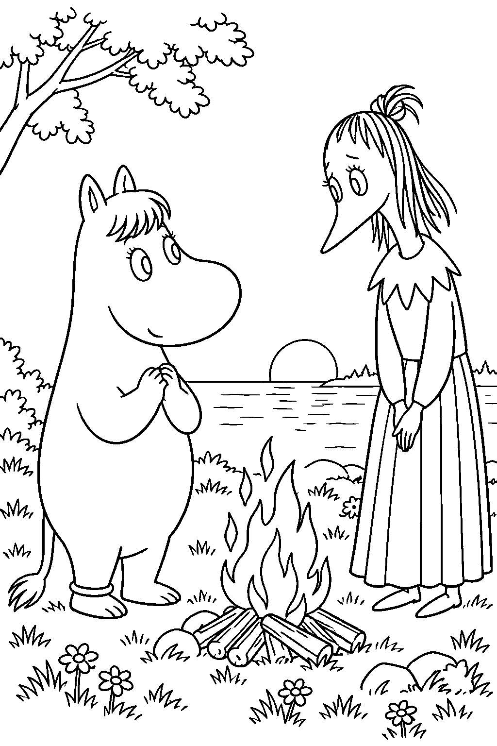 snorkmaiden meeting the lonely fillyjonk on midsummer s eve line art