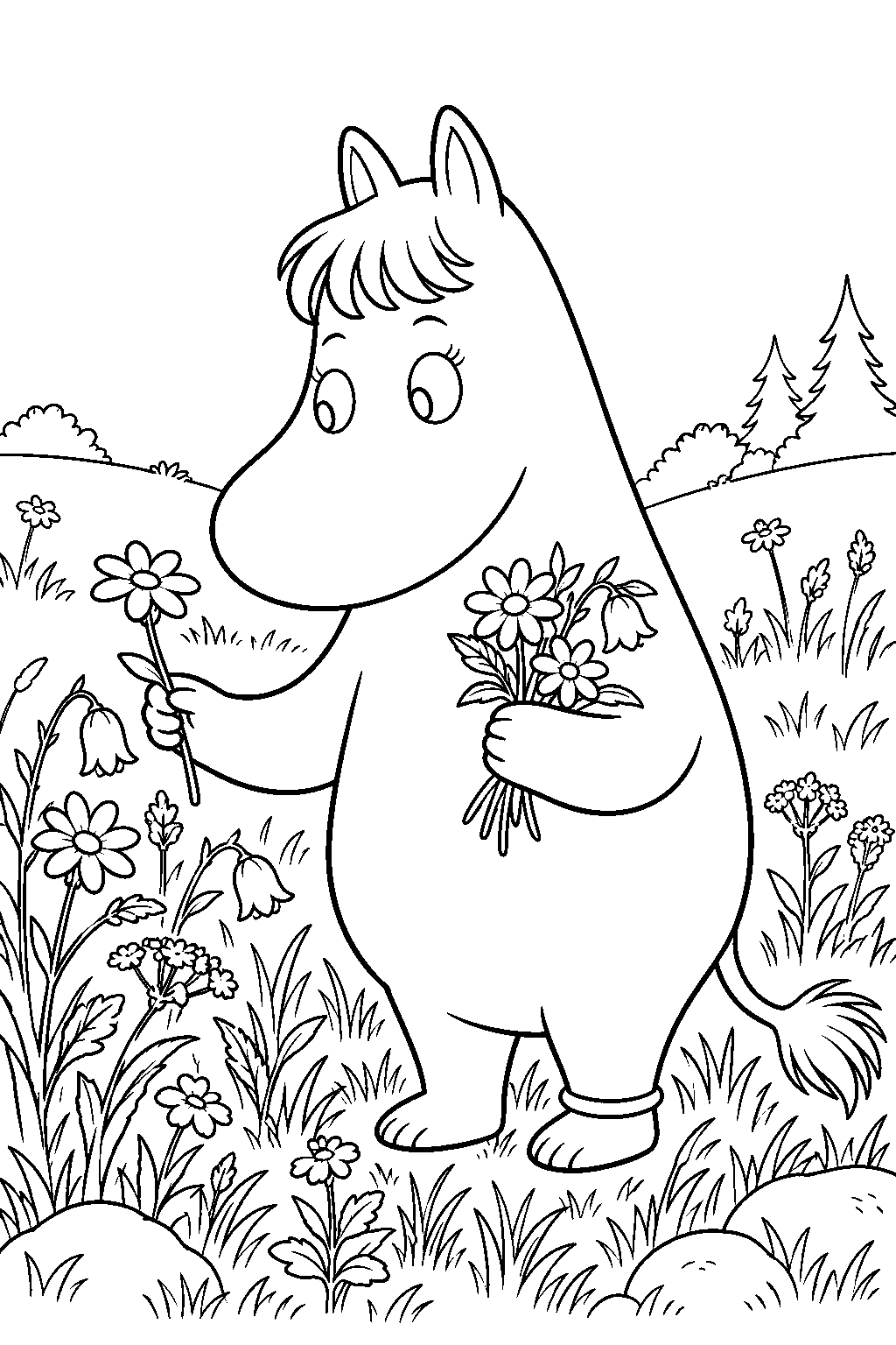 snorkmaiden picking wildflowers in a moominvalley meadow line art