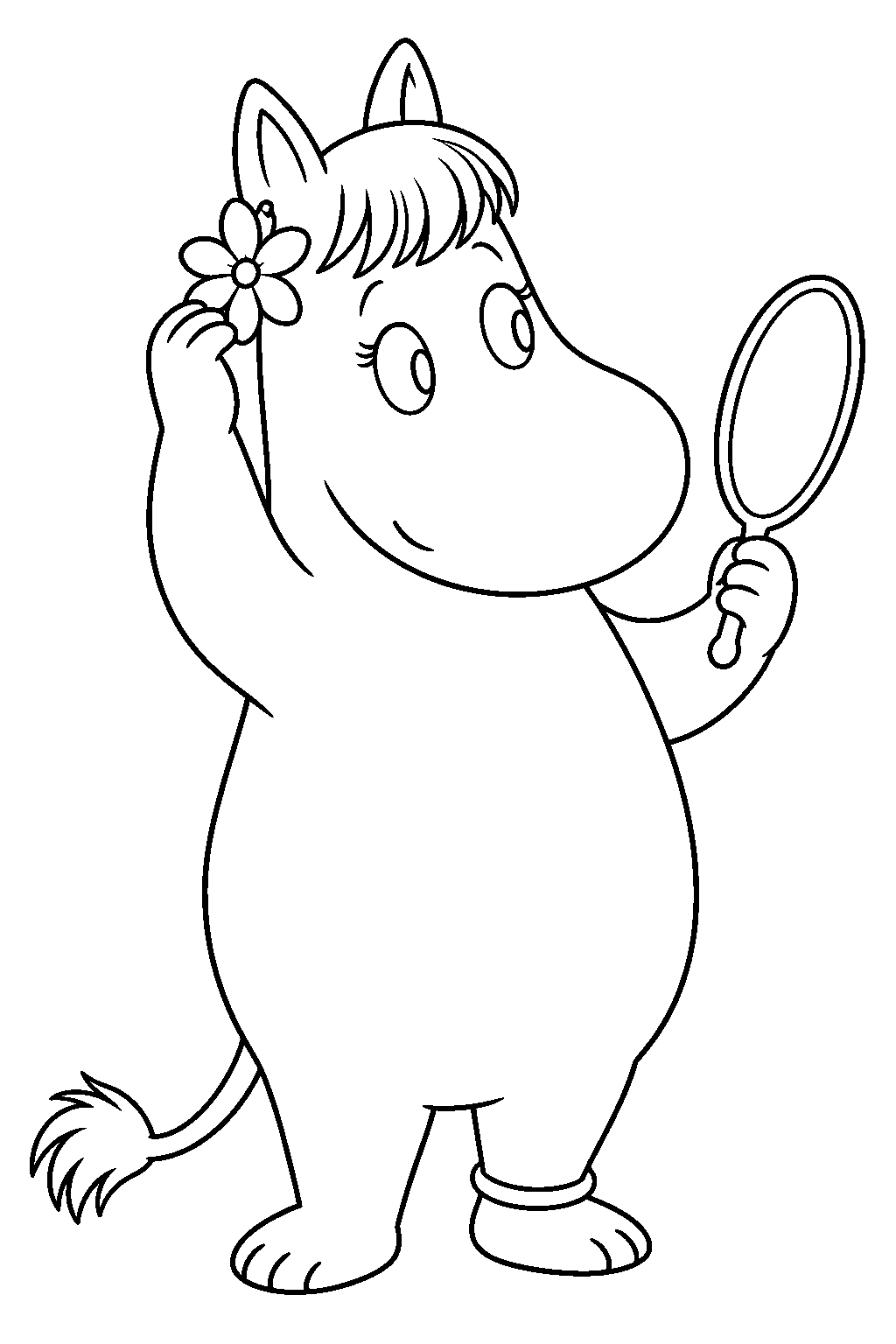 snorkmaiden placing a flower behind her ear with a hand mirror line art