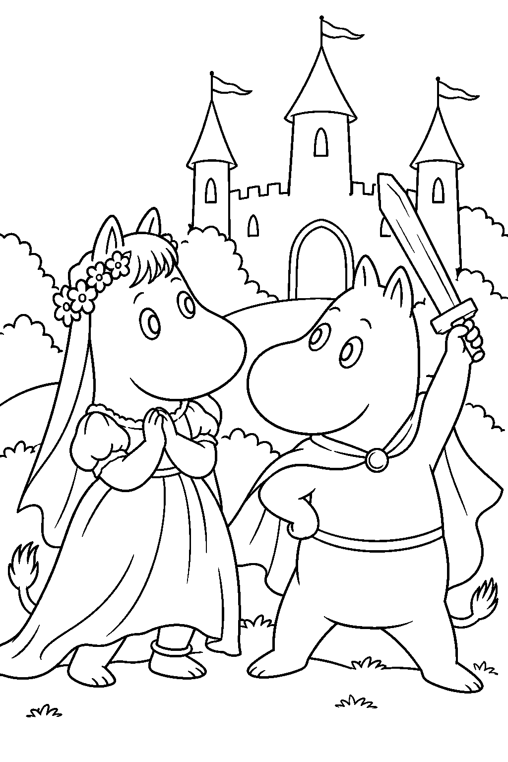 snorkmaiden playing a fairy tale maiden while moomintroll plays a brave hero line art