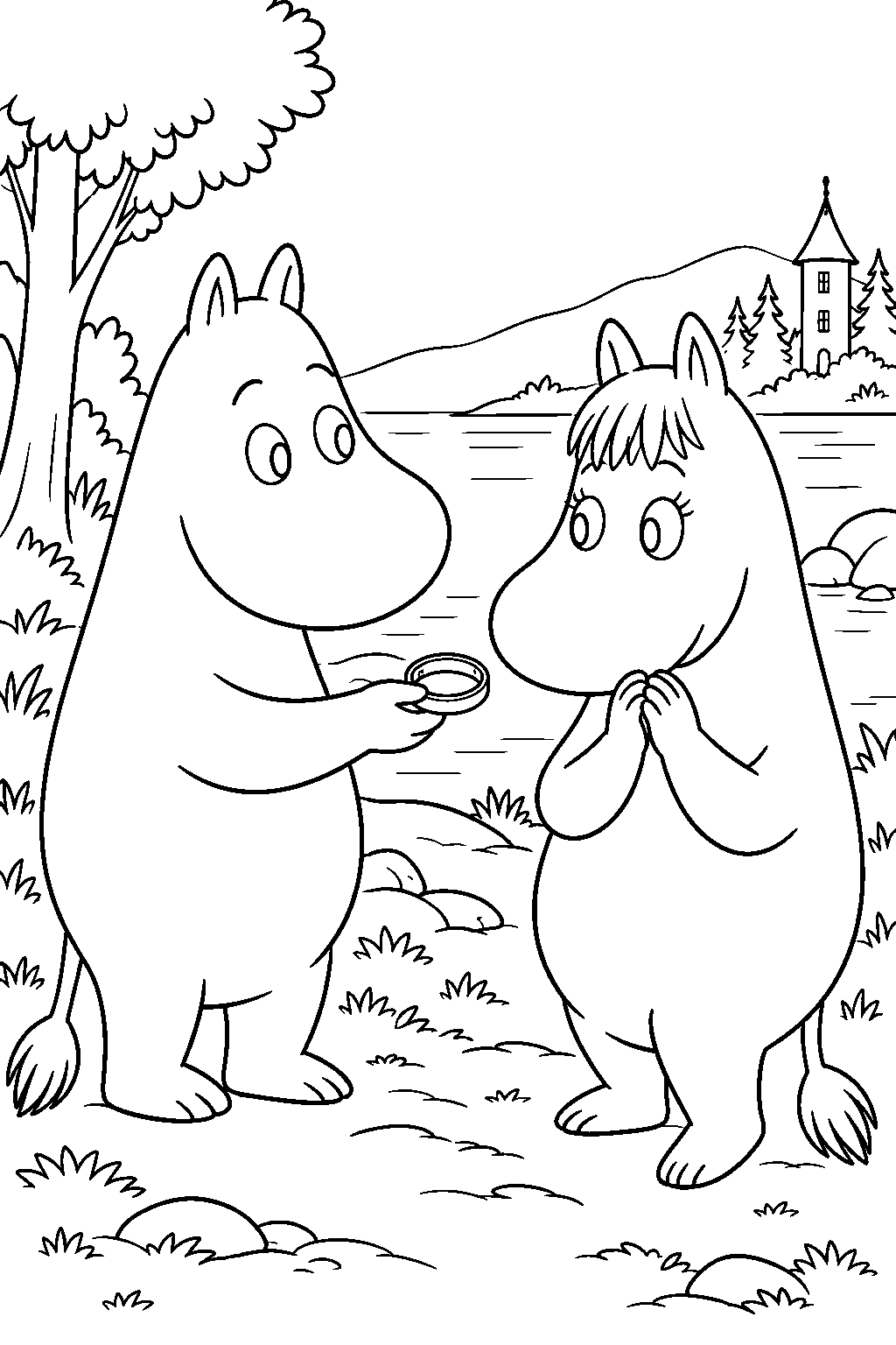snorkmaiden receiving her lost ankle bracelet from moomintroll line art