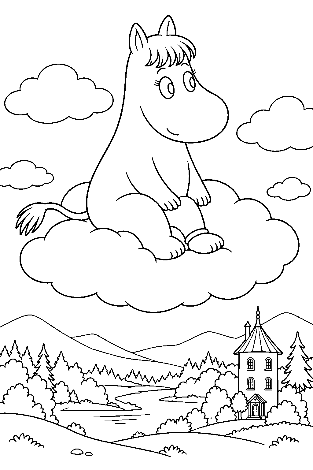 snorkmaiden riding a magical cloud above moominvalley line art