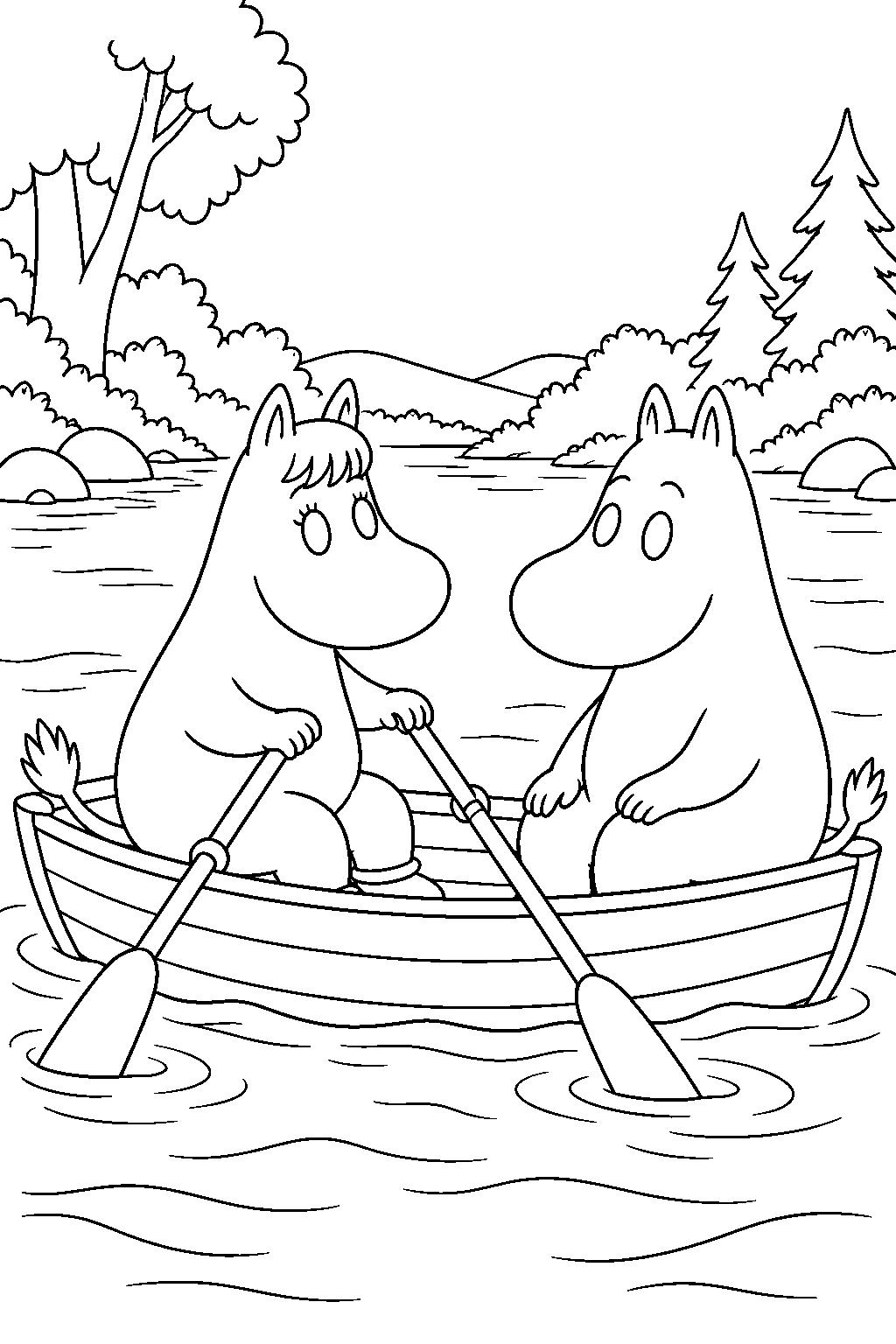 snorkmaiden rowing a small boat with moomintroll on the river line art