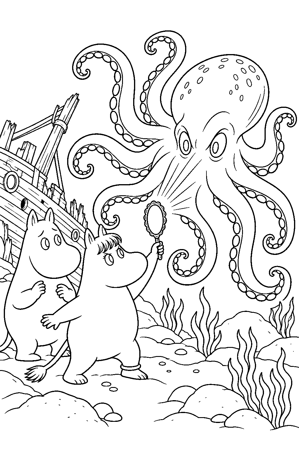 snorkmaiden saving moomintroll from a giant octopus with her mirror line art