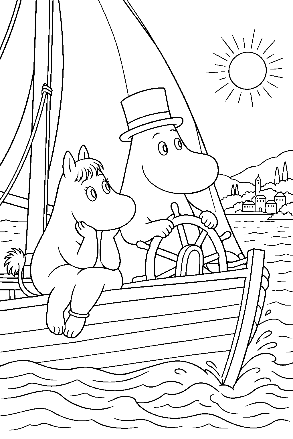 snorkmaiden setting sail for the riviera with moominpappa line art