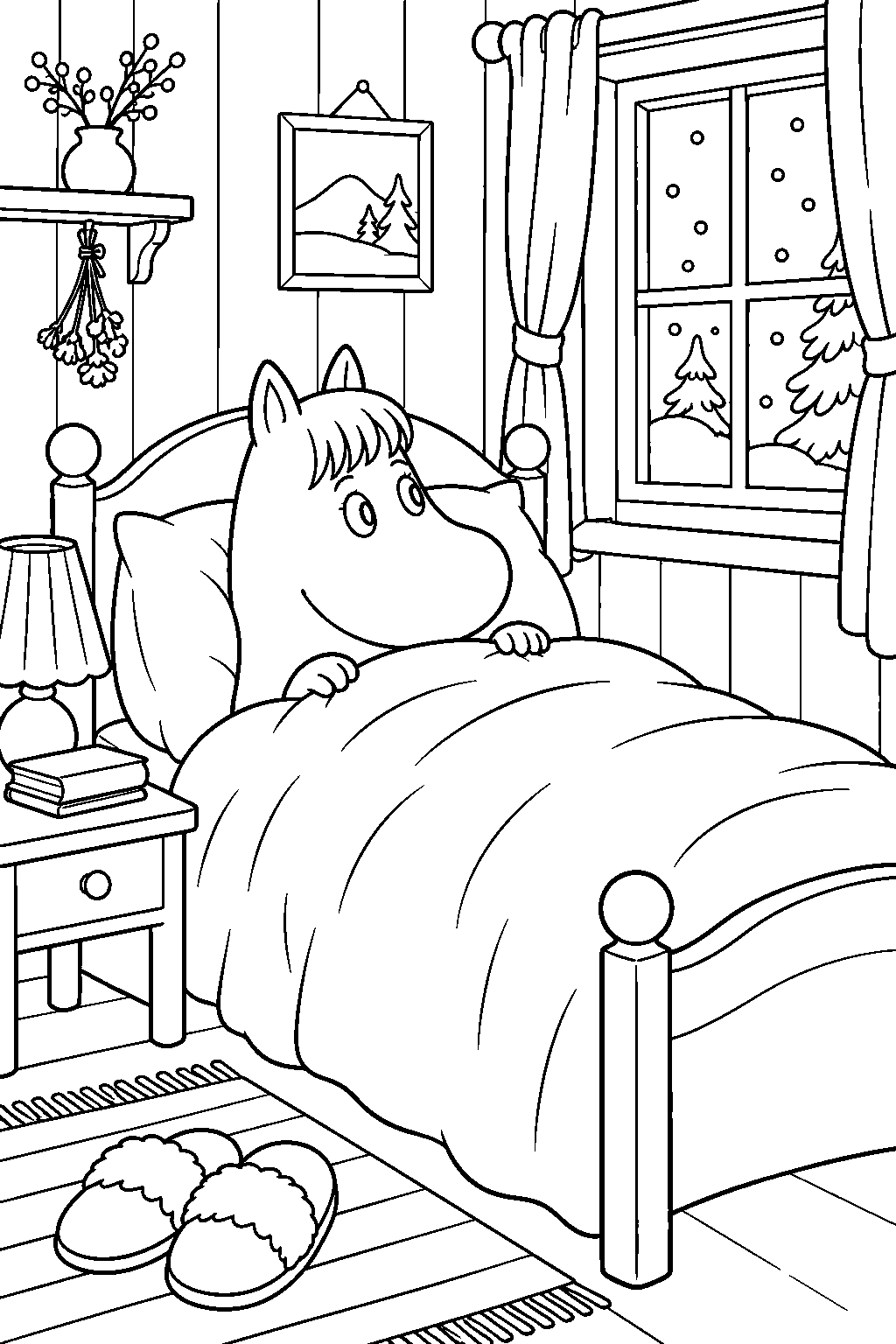 snorkmaiden settling into bed for winter hibernation in moominhouse line art