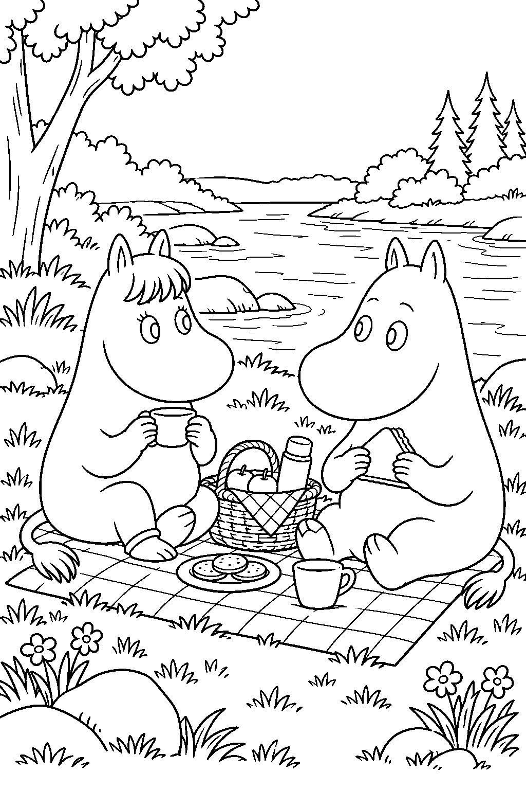 snorkmaiden sharing a picnic with moomintroll beside the river line art