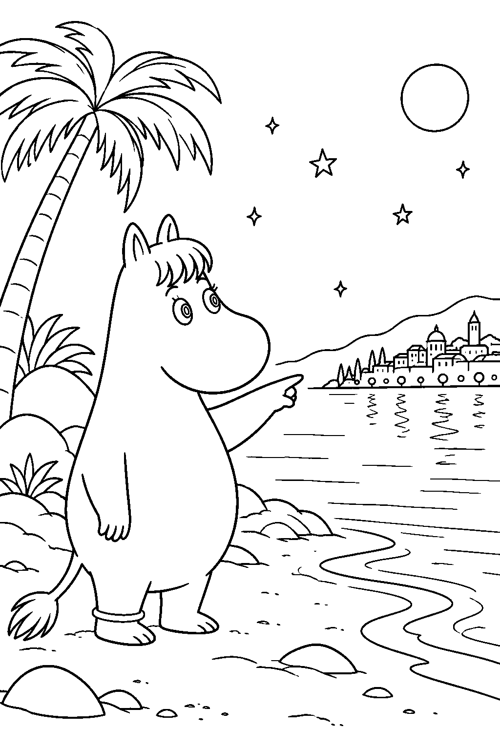snorkmaiden spotting the lights of the riviera from a desert island line art