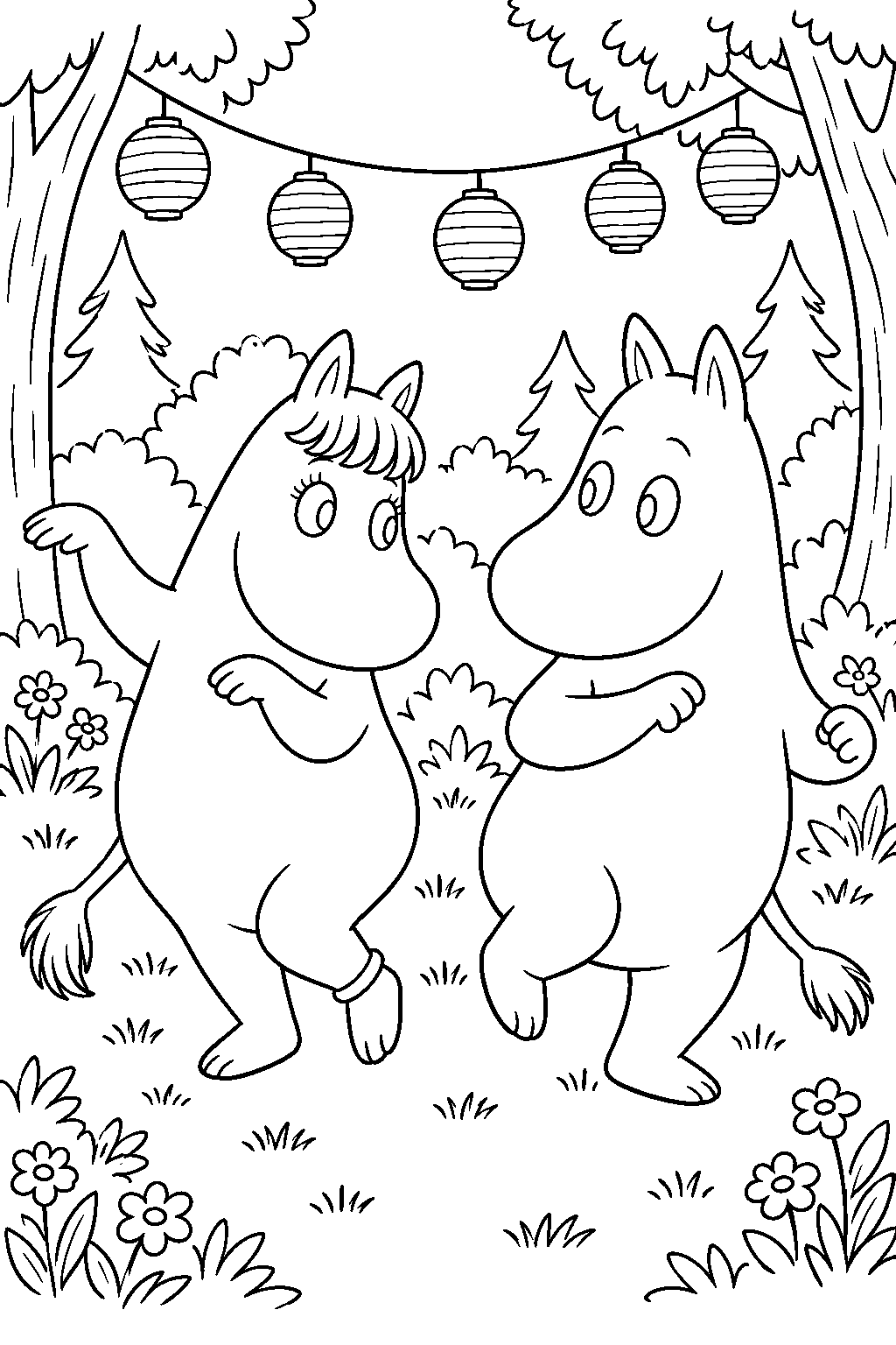 snorkmaiden teaching moomintroll the samba at a forest dance line art