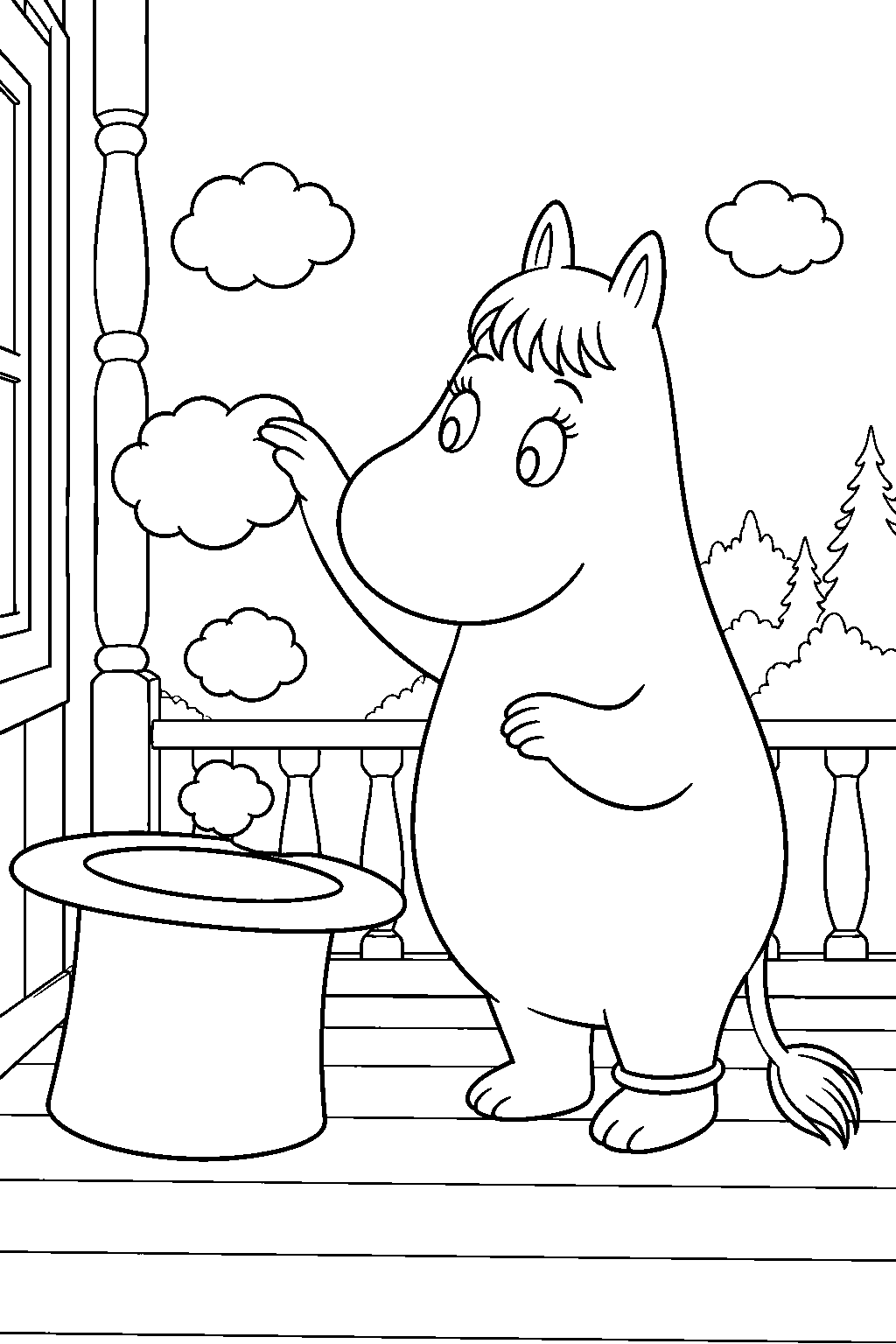 snorkmaiden touching the small clouds created by the hobgoblin s hat on the veranda line art