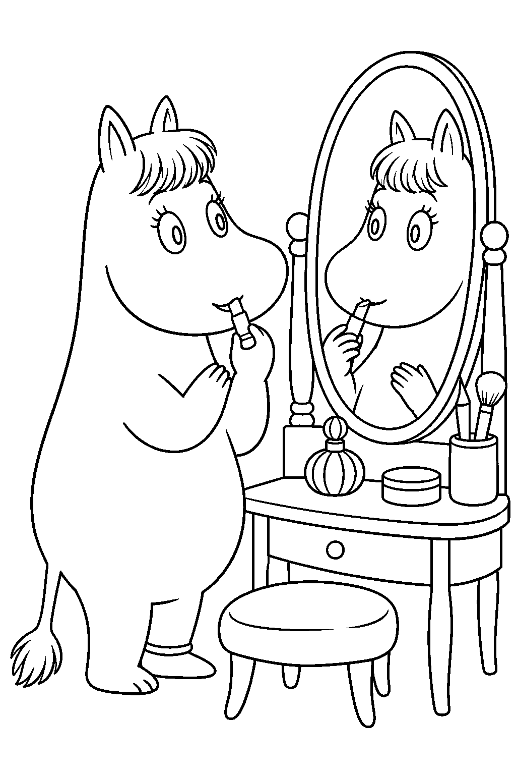 snorkmaiden trying her first lipstick in front of a dressing room mirror line art
