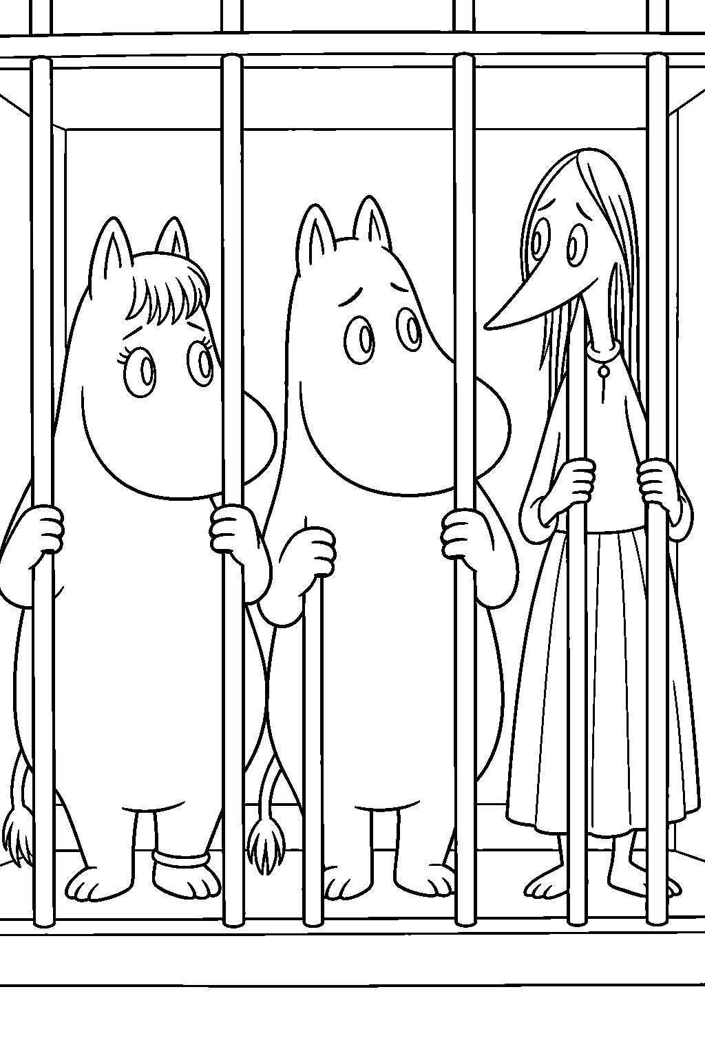 snorkmaiden waiting behind the jail cell bars with moomintroll and fillyjonk line art