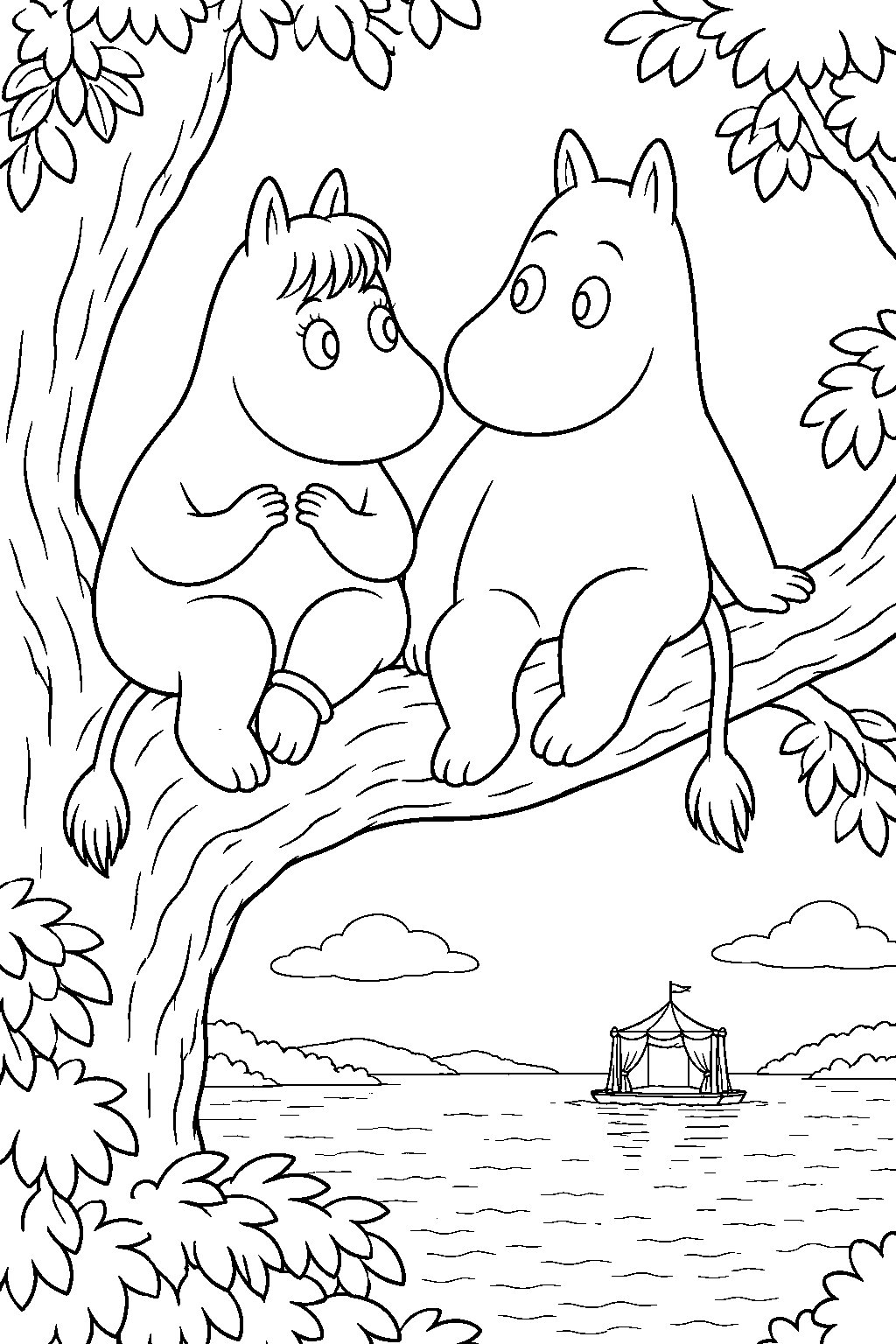 snorkmaiden waking beside moomintroll in a tree after the theatre drifts away line art