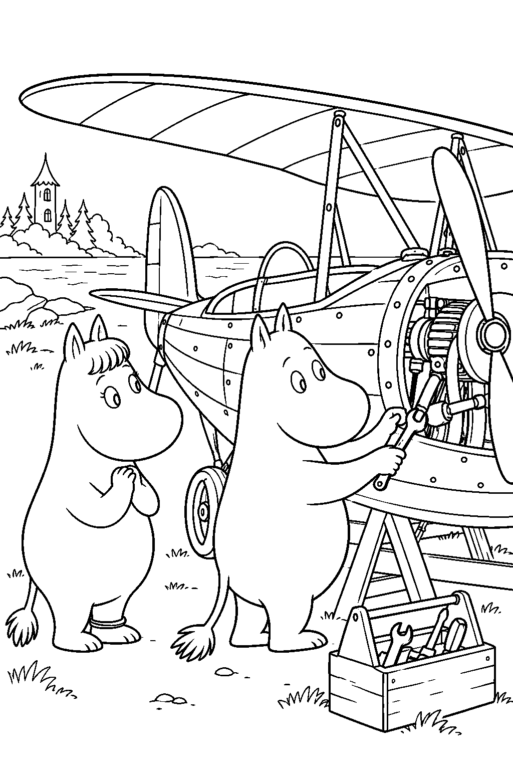 snorkmaiden watching her brother snork work on his flying ship line art