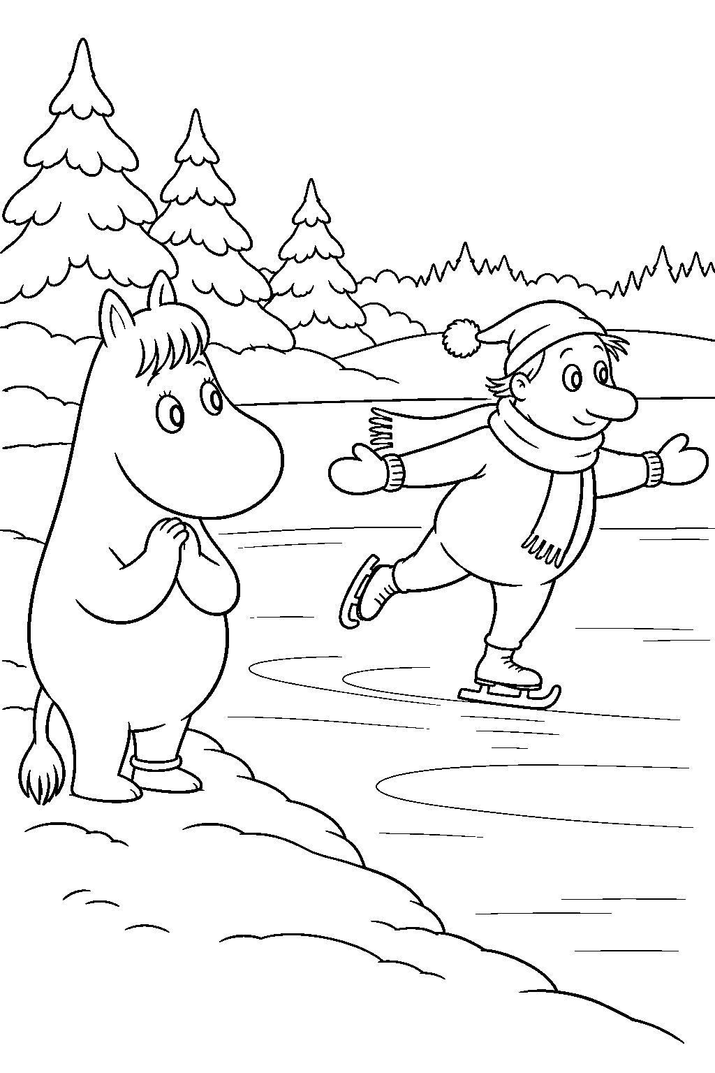 snorkmaiden watching mr brisk demonstrate ice skating on the frozen lake line art