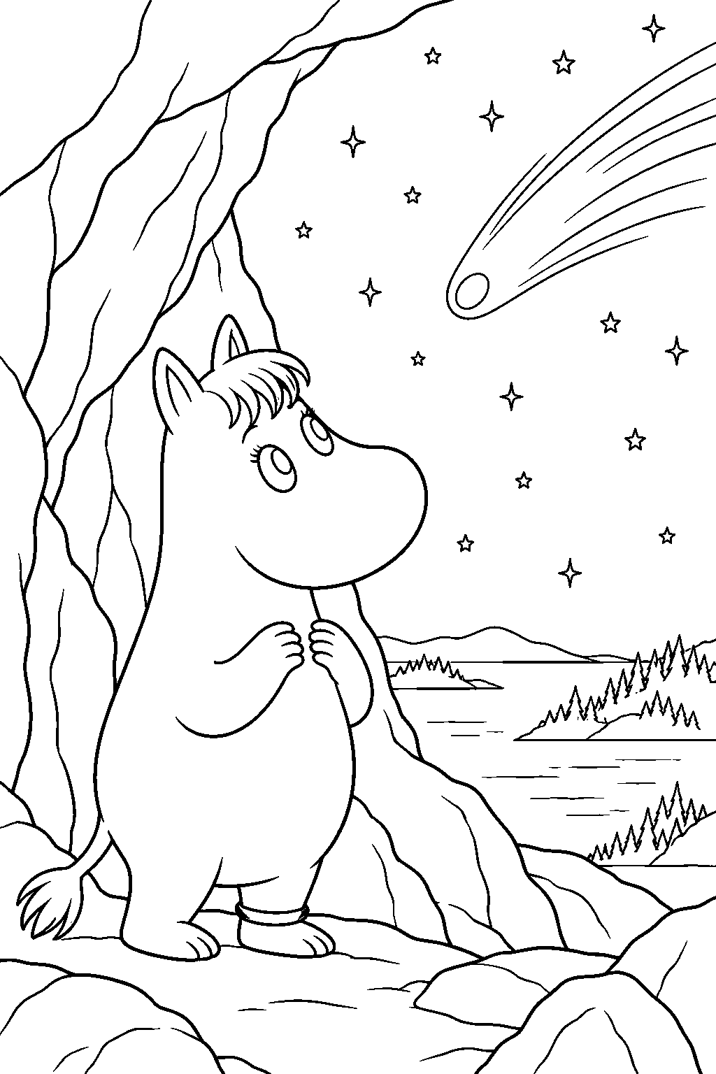 snorkmaiden watching the approaching comet from the entrance to the shelter cave line art