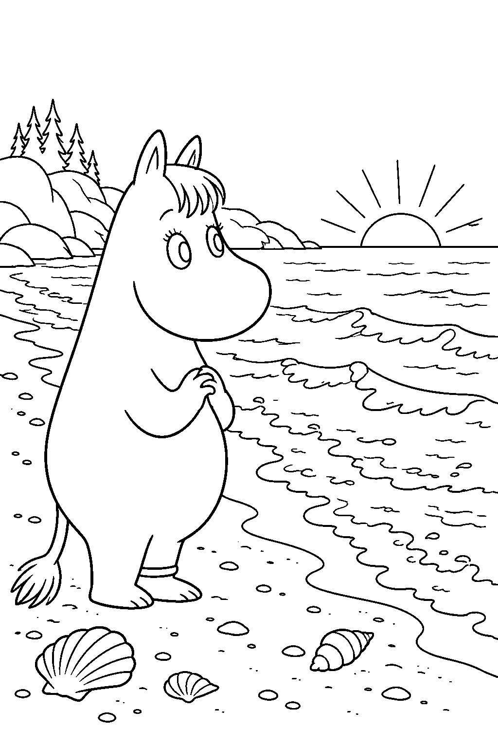 snorkmaiden watching the waves return after the comet passes line art