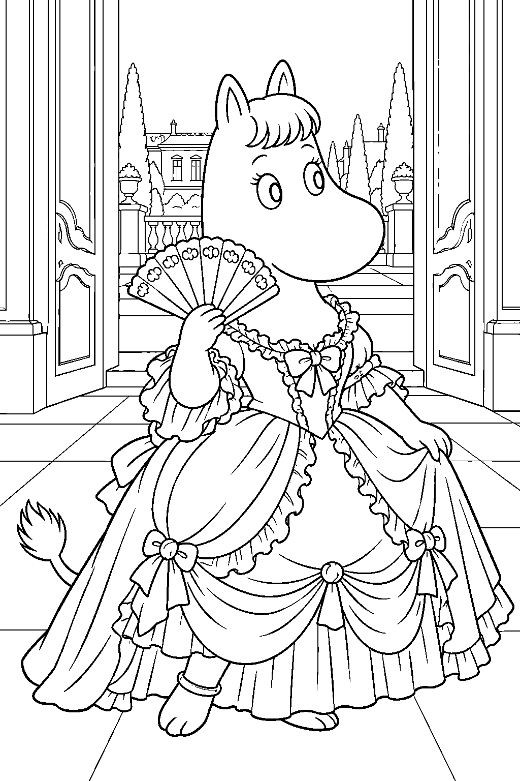snorkmaiden wearing a rococo gown and carrying a fan in eighteenth century france line art