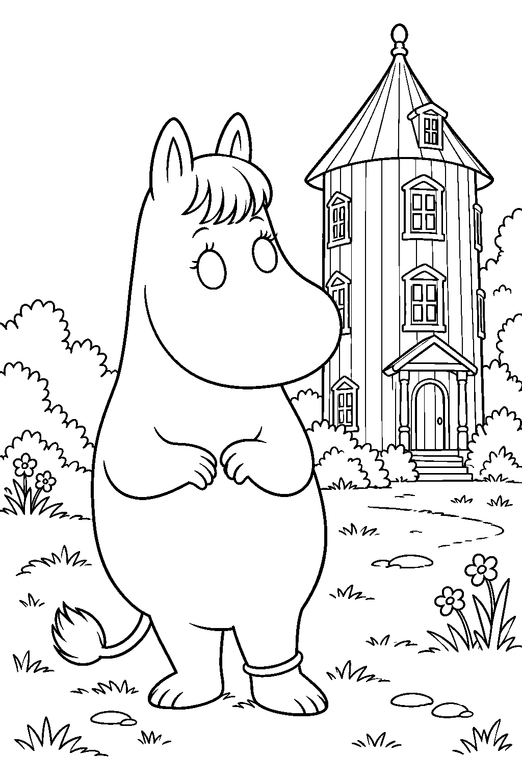 snorkmaiden wearing her ankle bracelet outside moominhouse line art