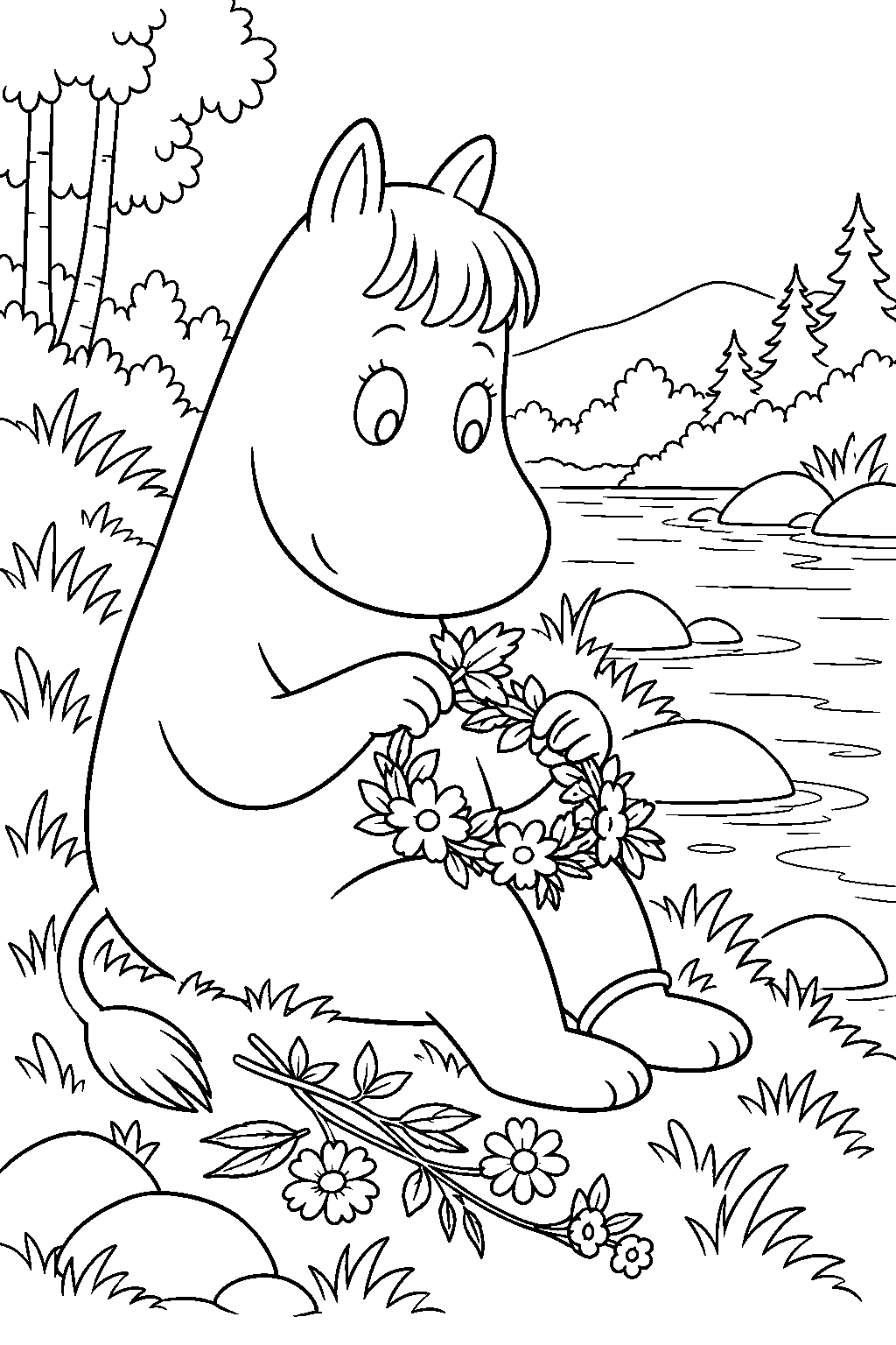 snorkmaiden weaving a flower crown beside the river line art