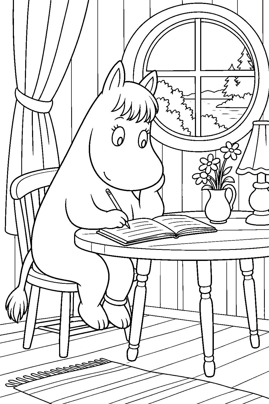 snorkmaiden writing in her diary beside a moominhouse window line art