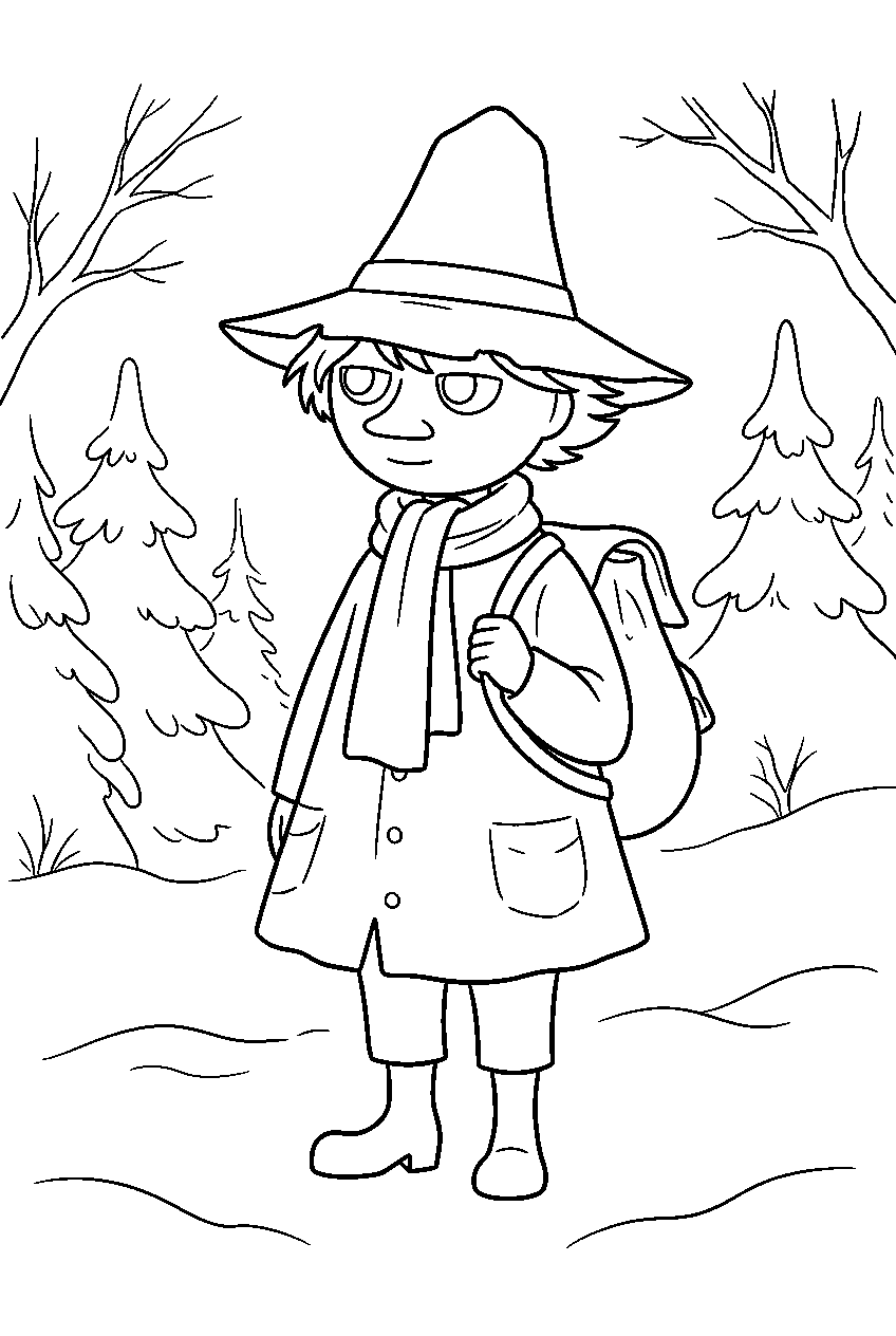 moomin snufkin in winter forest line art