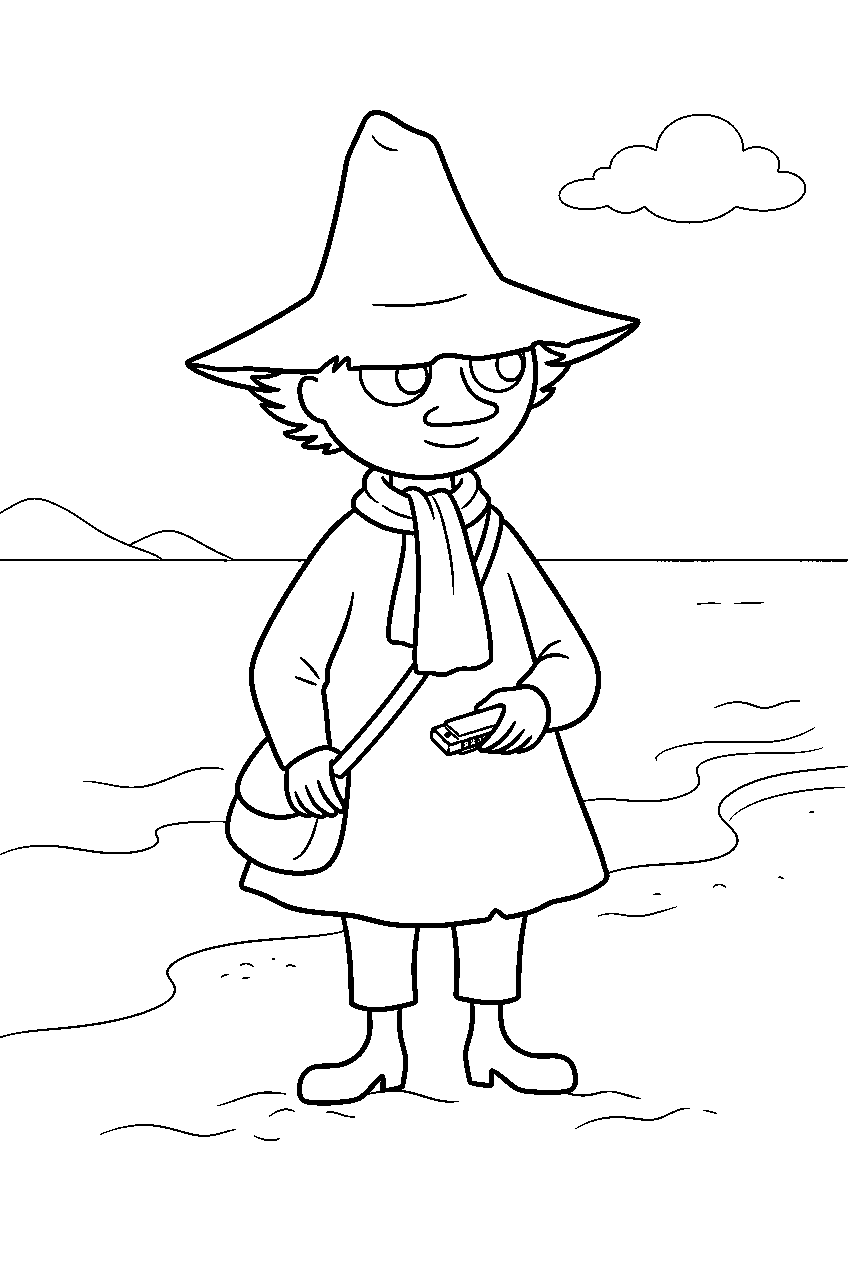 moomin snufkin on sandy beach line art