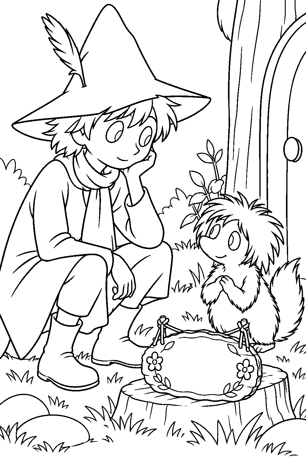 snufkin admiring teety woo s homemade nameplate line art