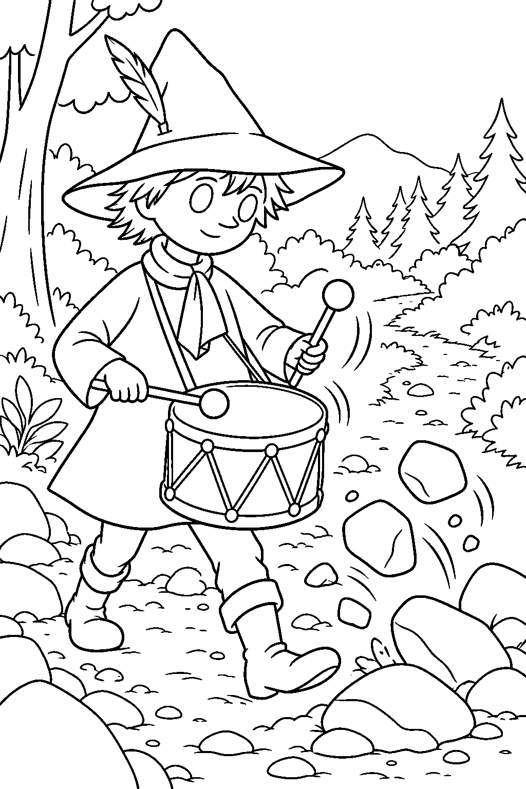 snufkin beating his drum to clear rocks from a forest path line art