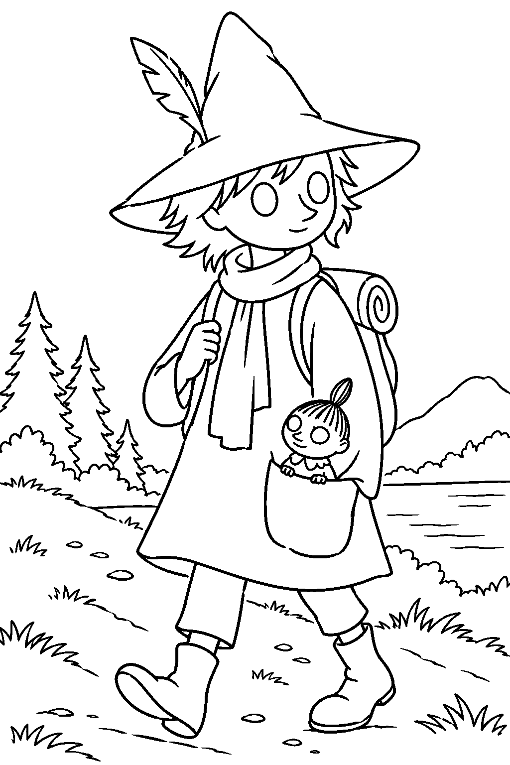 snufkin carrying little my in his coat pocket line art