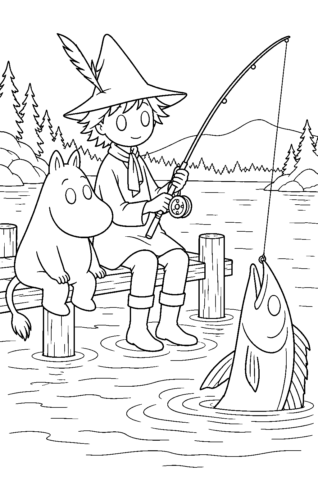 snufkin catching the giant mameluke with moomintroll line art
