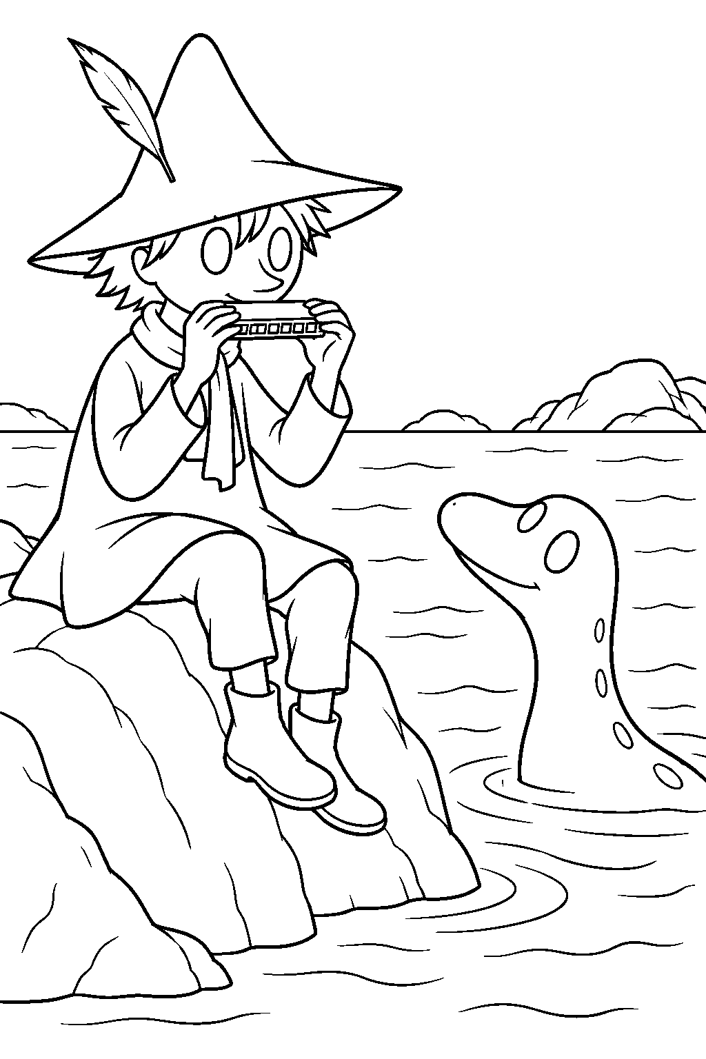 snufkin charming a sea creature with his harmonica line art