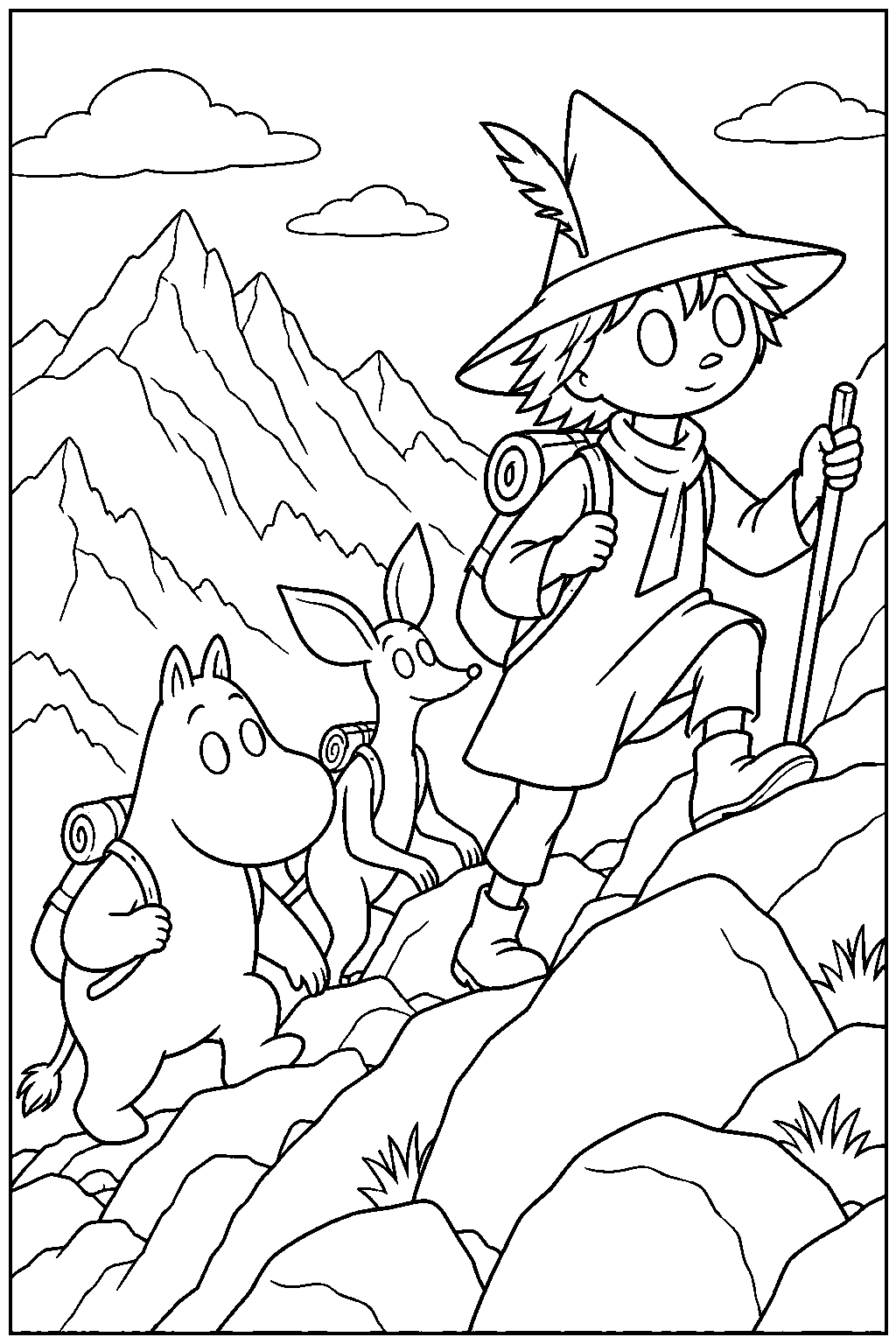 snufkin climbing the lonely mountains with moomintroll and sniff line art