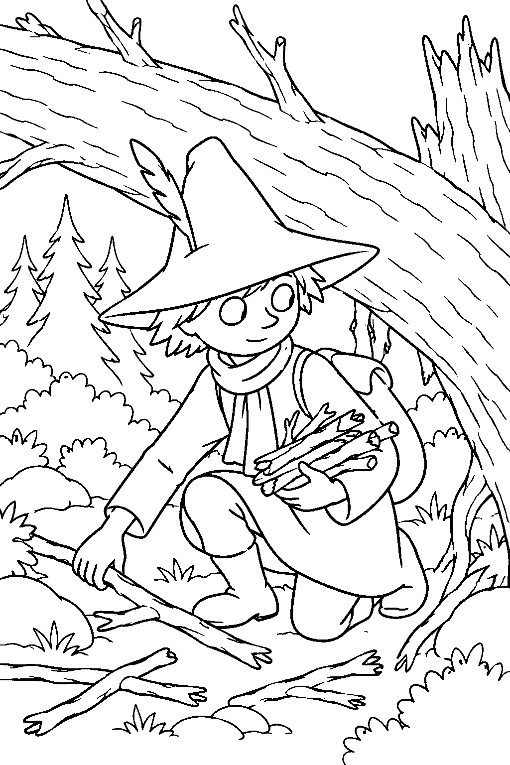 snufkin collecting dry firewood beneath a fallen tree line art