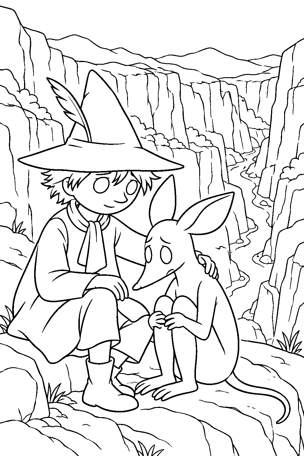 snufkin comforting sniff beside the giant lizard s garnet ravine line art