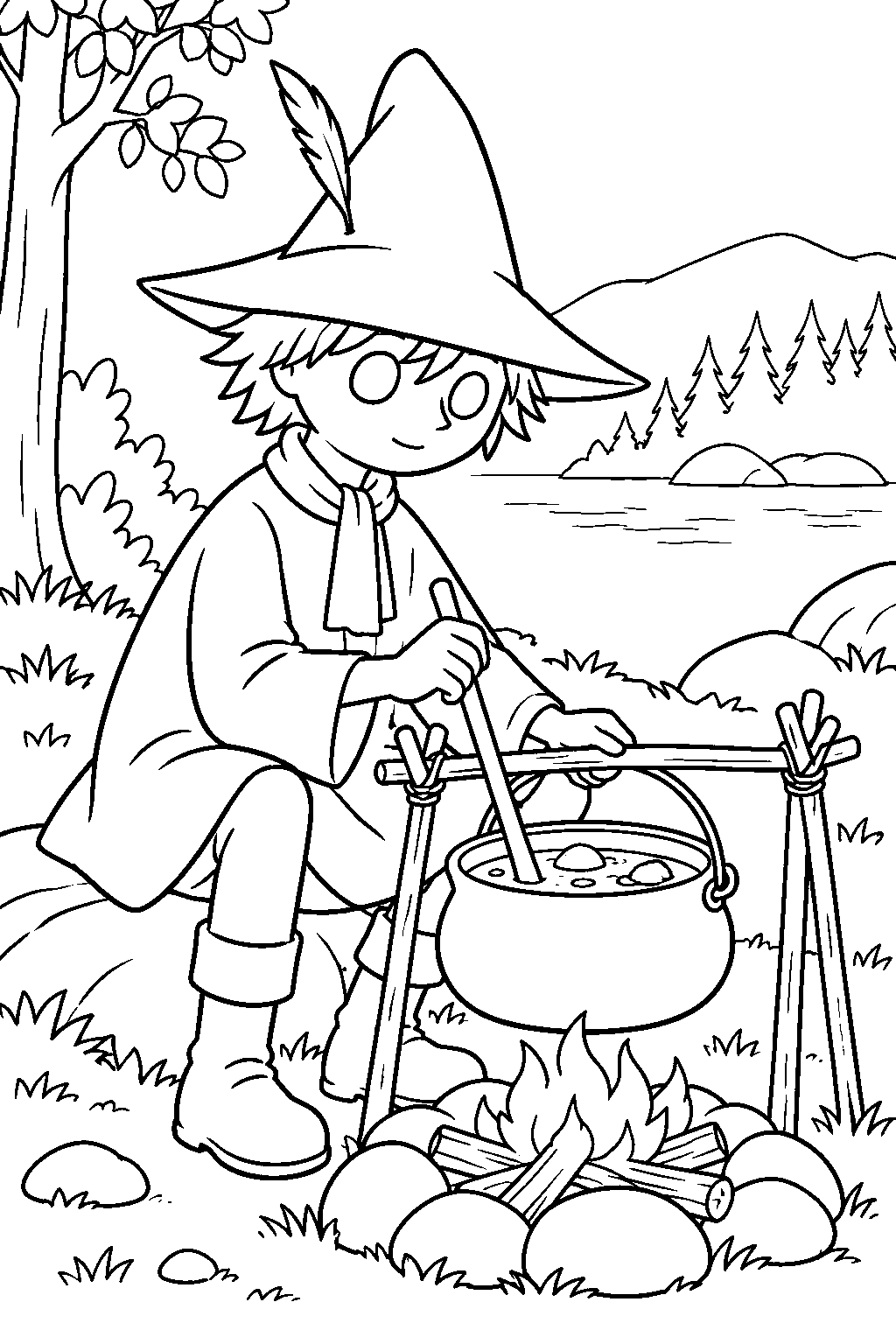 snufkin cooking soup over his campfire line art