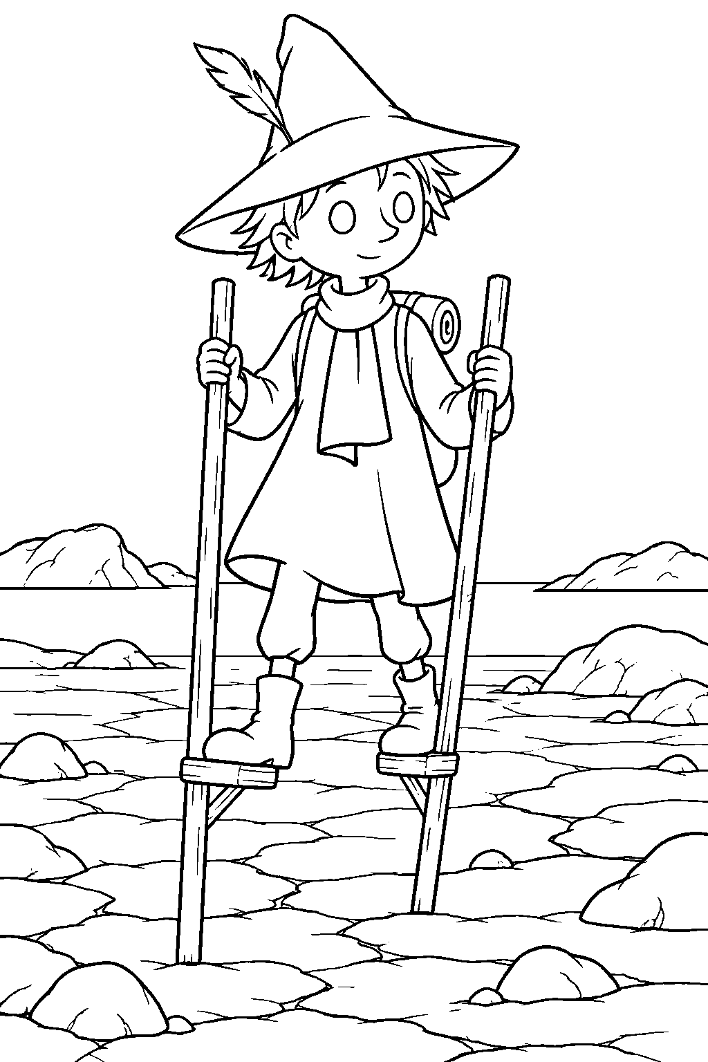 snufkin crossing the dried seabed on stilts line art