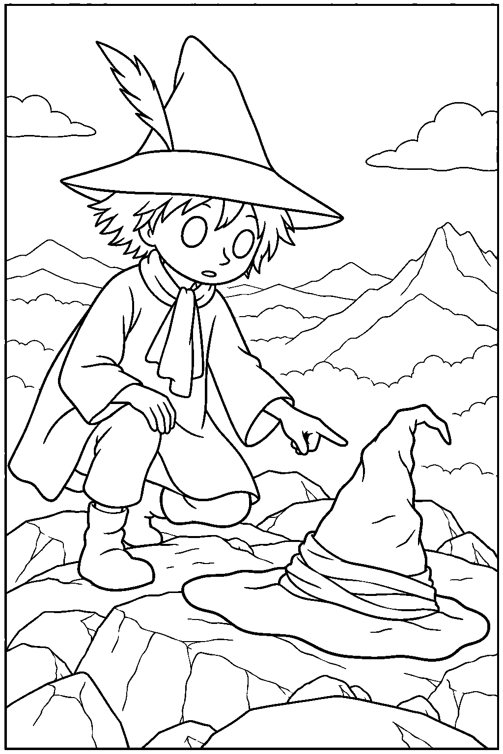 snufkin discovering the hobgoblin s hat on a mountaintop line art