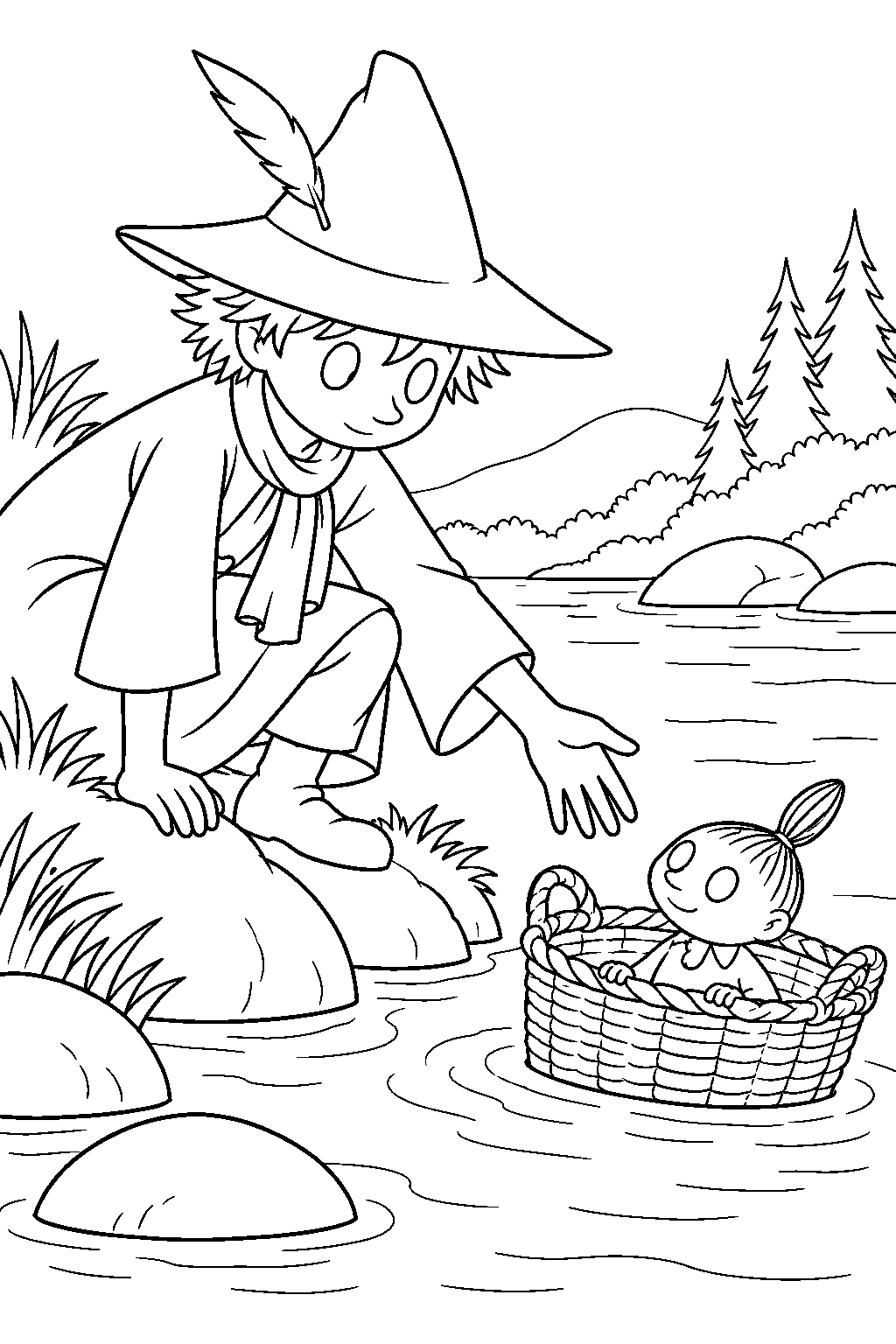 snufkin finding little my in a floating sewing basket line art