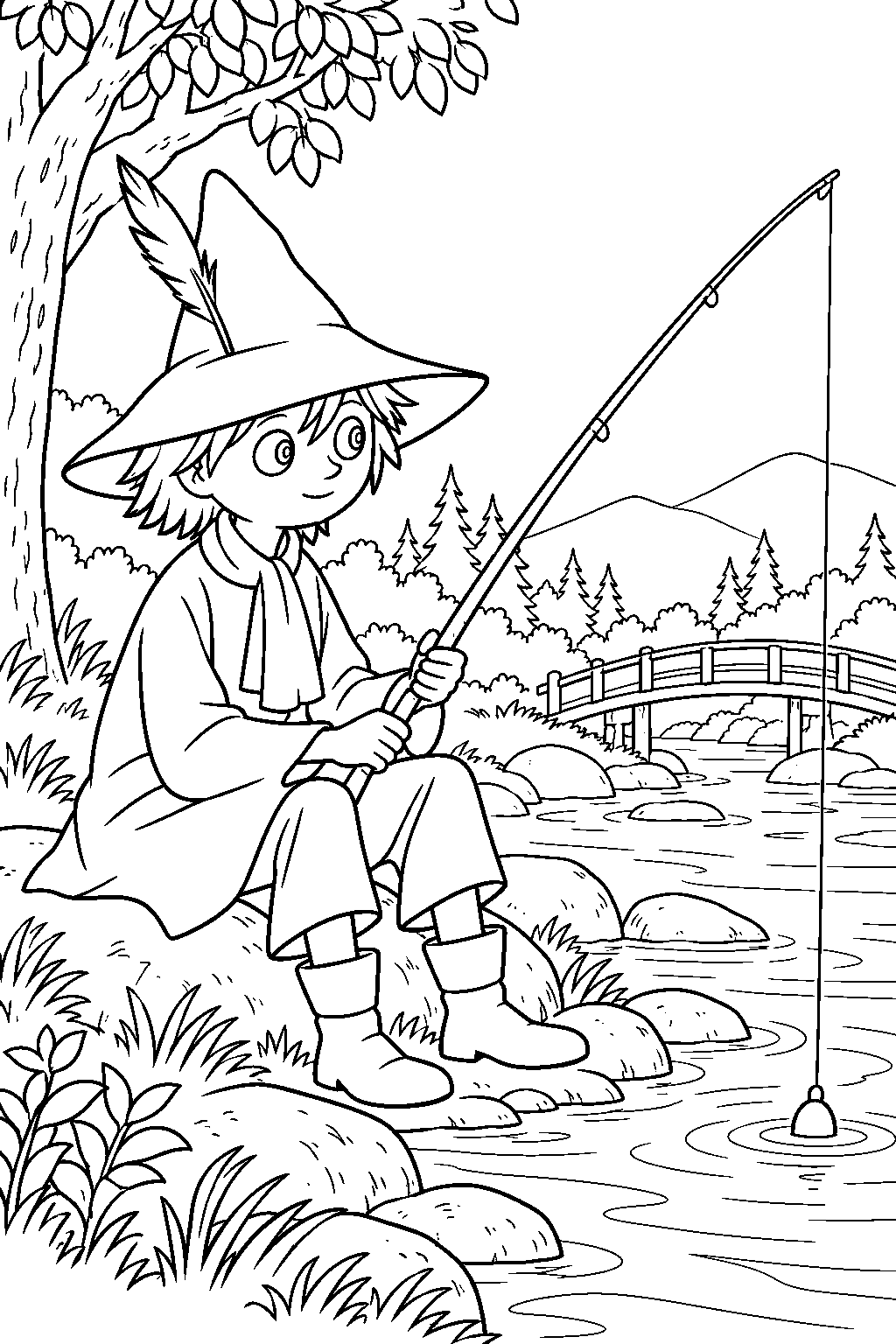 snufkin fishing beside the moominvalley river line art