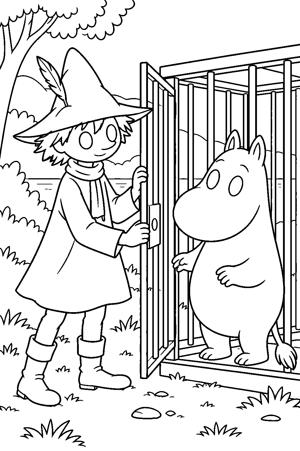 snufkin ing moomintroll from the park keeper s cage line art