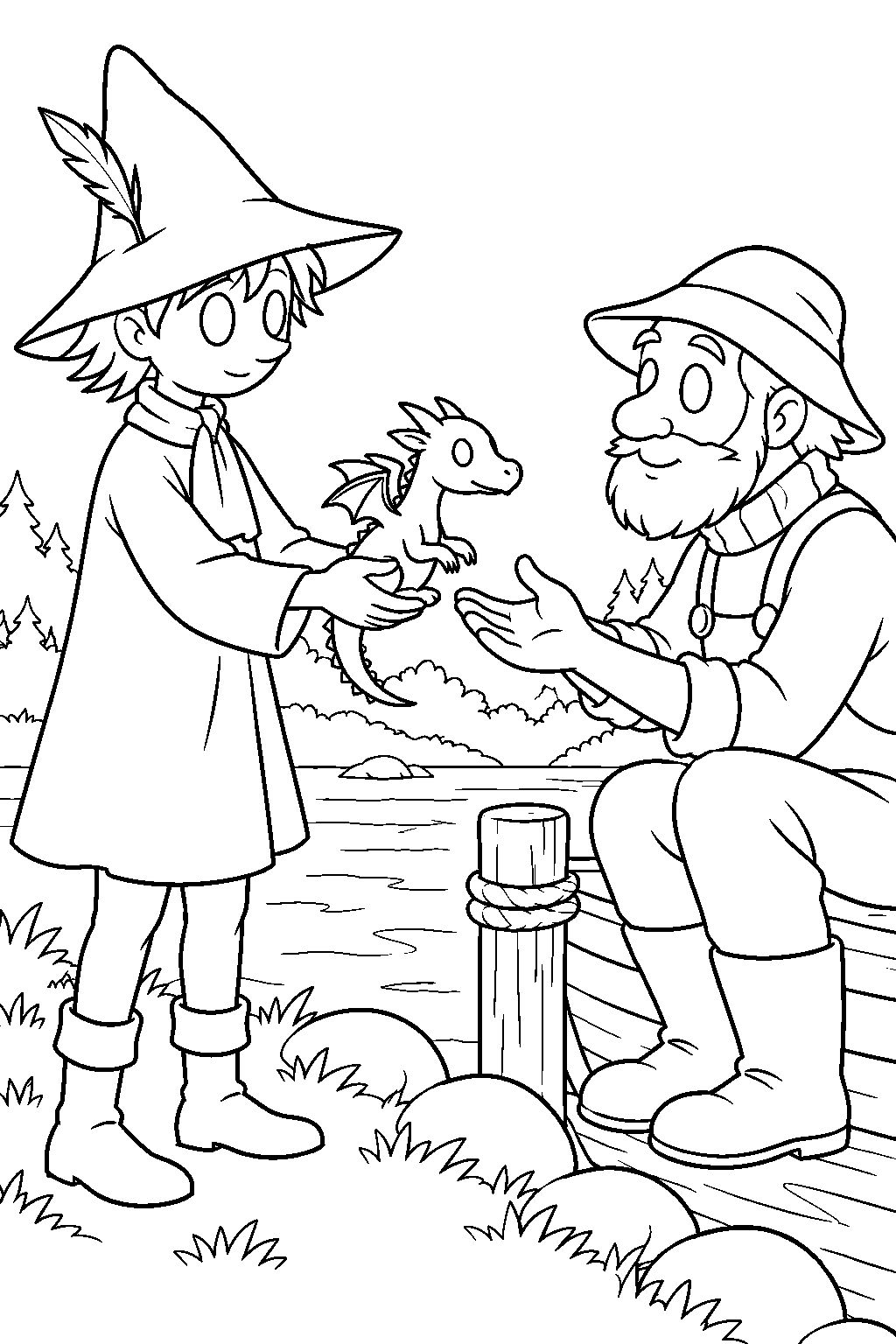 snufkin giving the little dragon to a fisherman beside the river line art