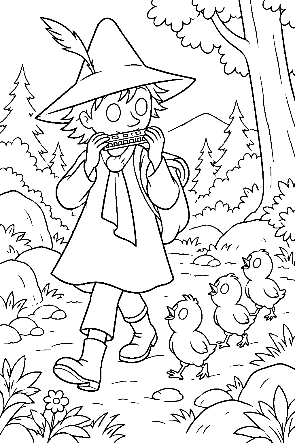 snufkin guiding lost baby birds through the forest with his harmonica line art