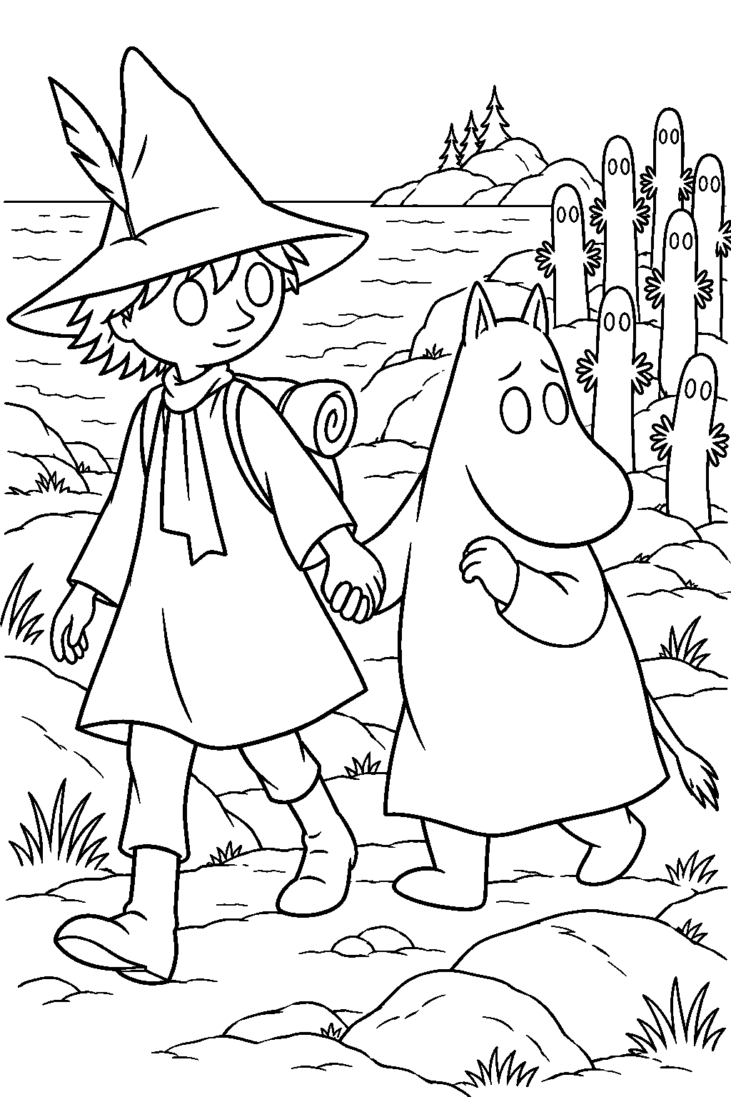 snufkin guiding the hemulen away from the hattifatteners on their island line art