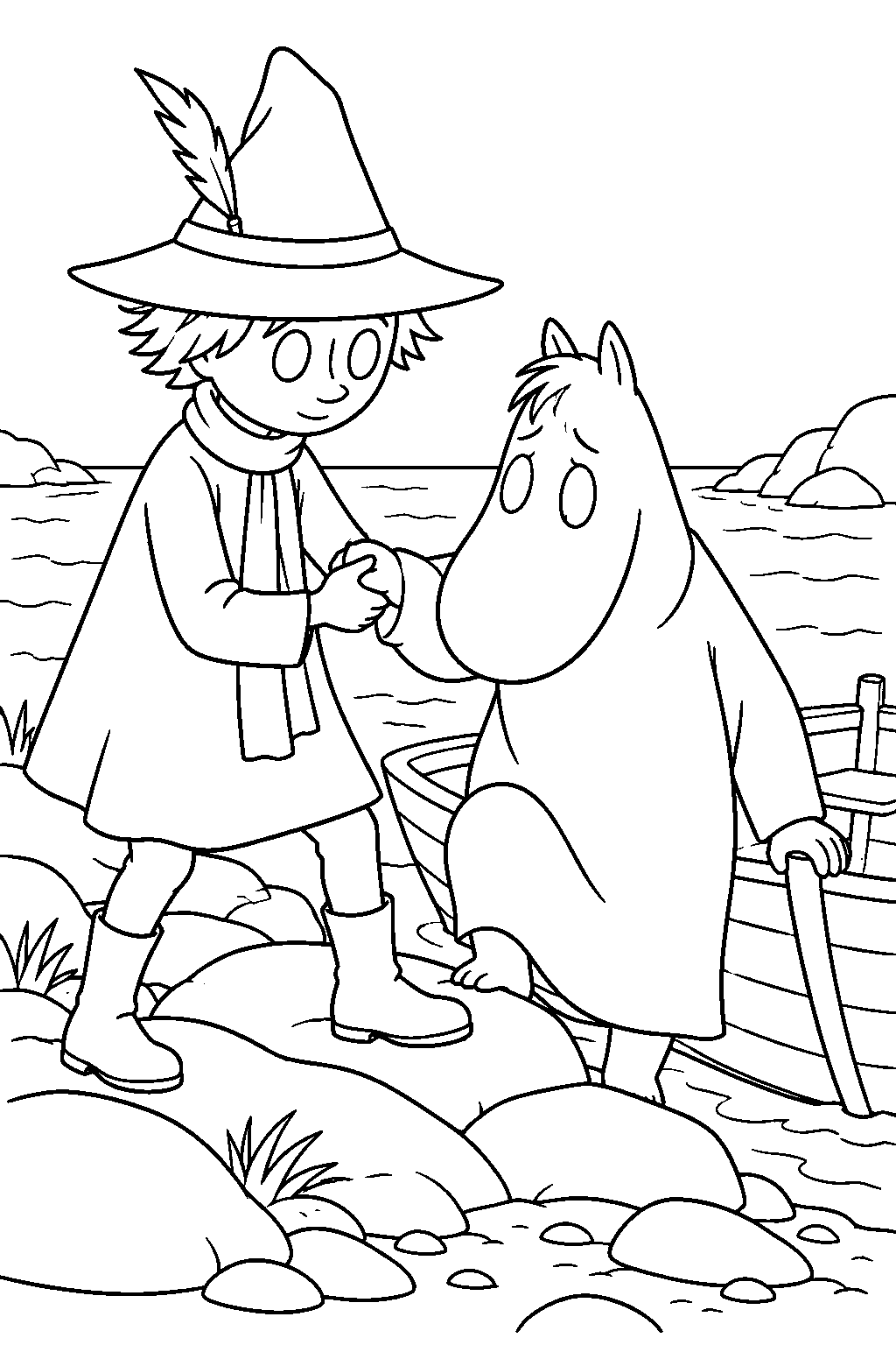snufkin helping the seasick hemulen ashore after their boat trip line art
